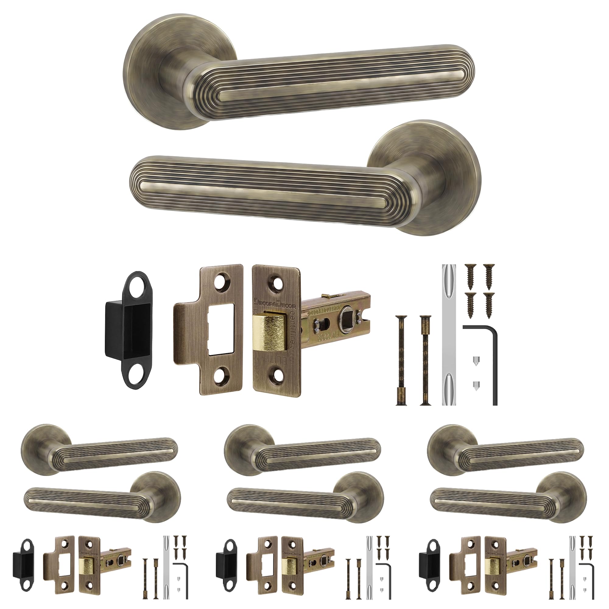Decoranddecor Antique Brass Internal Door Handles, Latch Kit 64Mm 4 Pack