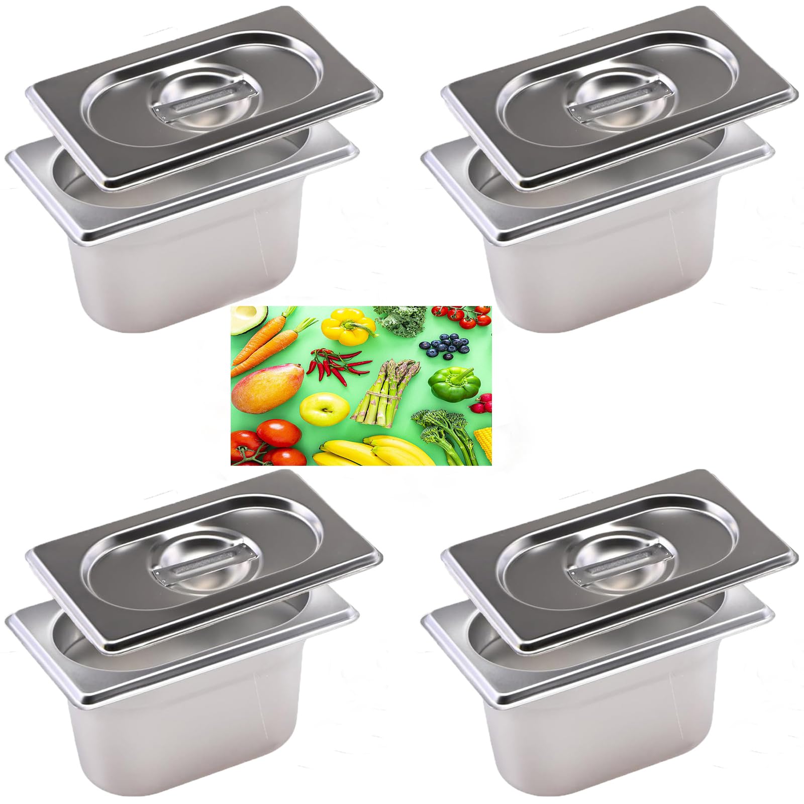 4 recipientes GN de acero inoxidable 1/9 con tapa, 100 mm de altura, recipientes para alimentos de acero inoxidable, 17,5 x 11 x 10 cm