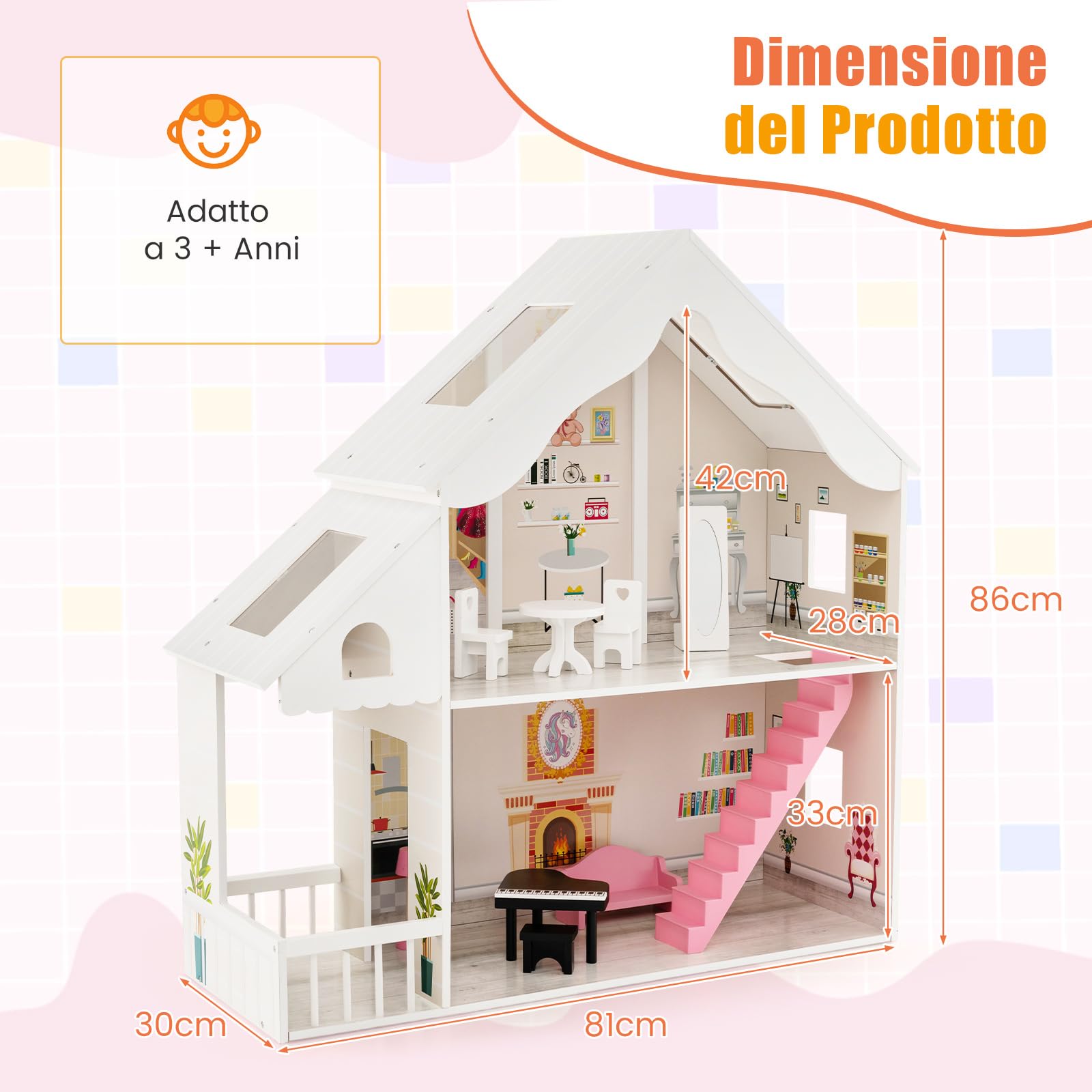 COSTWAY Casa delle Bambole in Legno per Bambini, Casetta delle Bambole con Stanze e Set di Mobili, 2 Grandi Lucernari e Carta da Parati, Regalo per Bambini 3+ Anni