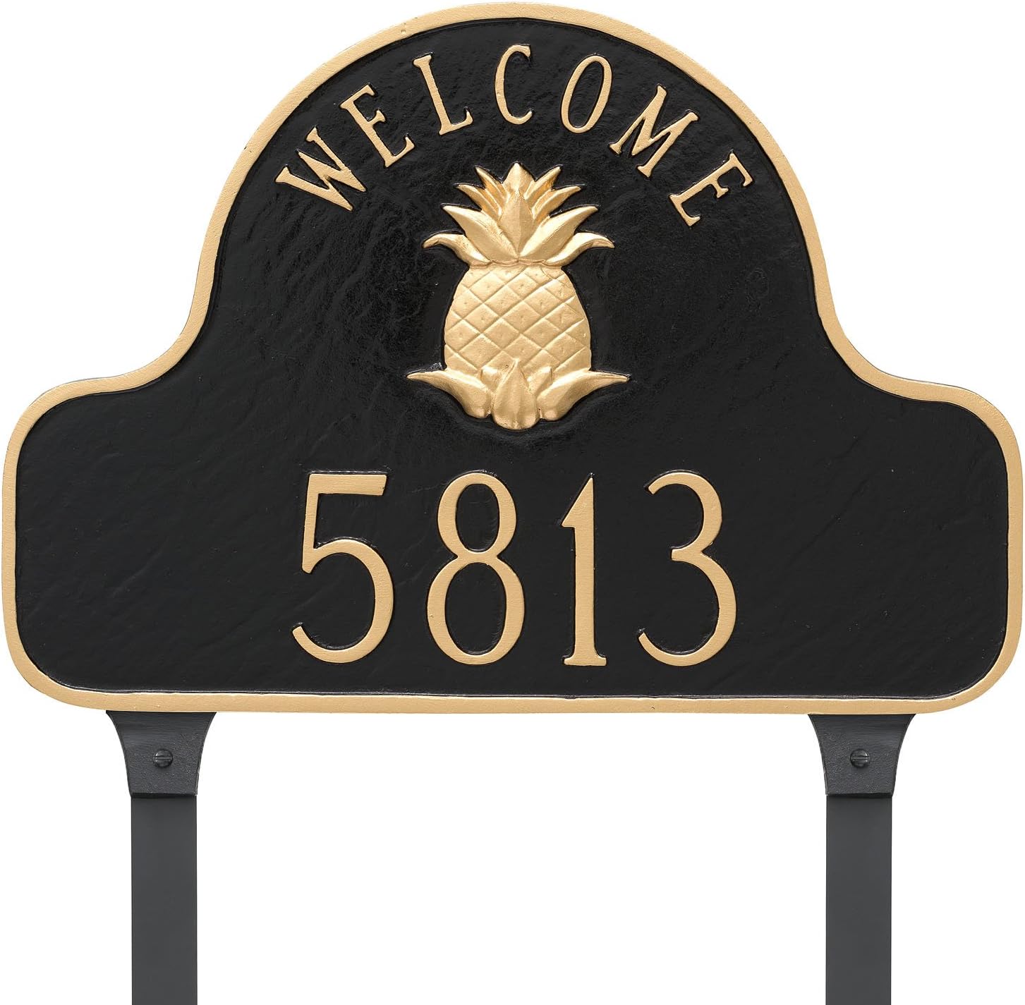 Montague Metal Pineapple Welcome Arch Address Sign Plaque with Lawn Stakes - Black/Gold