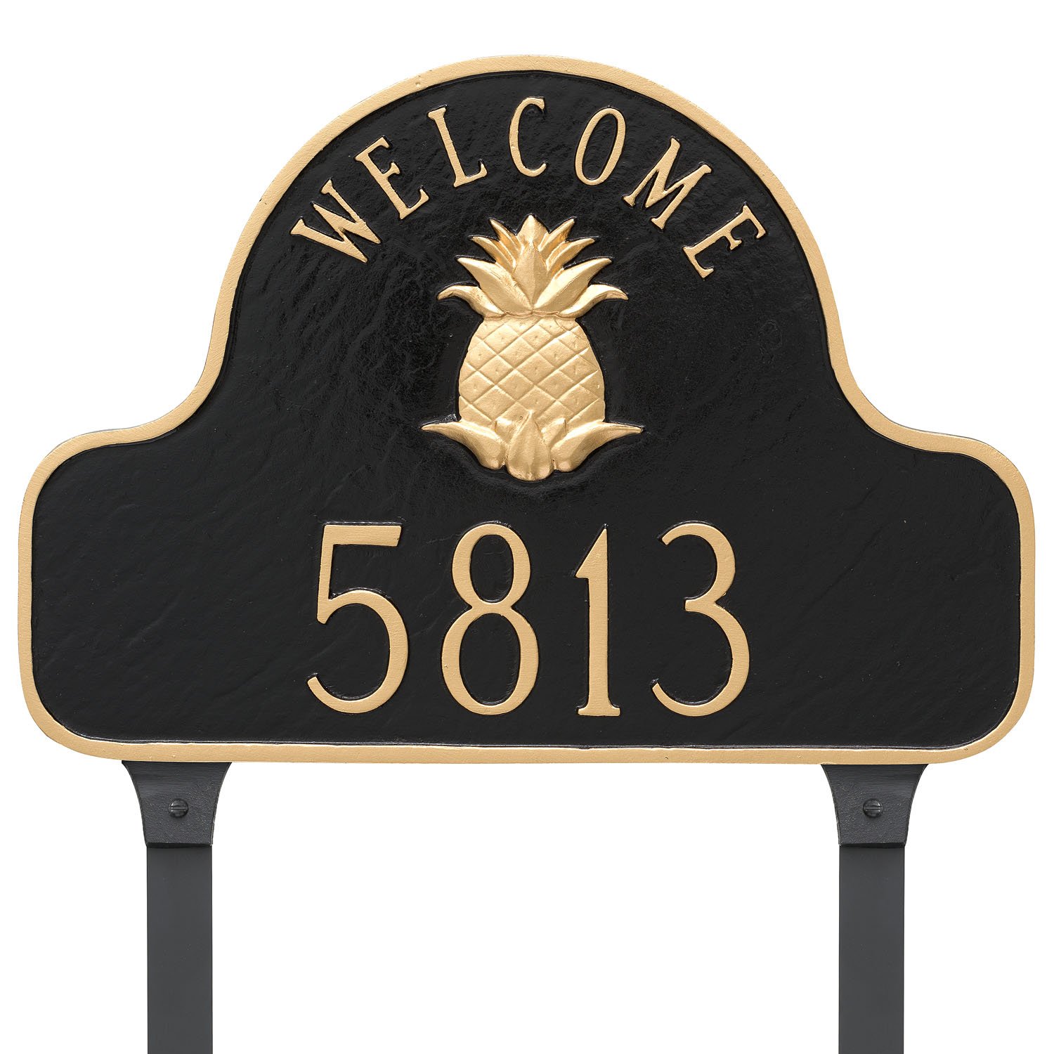 Montague Metal Pineapple Welcome Arch Address Sign Plaque with Lawn Stakes - Black/Gold