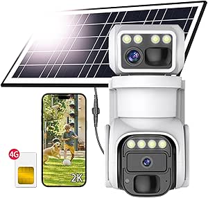 No WiFi Security Camera, 4G LTE Cellular Security Camera, 2K Solar Cellular Cam HD Dual Lens 360° Pan Tilt, Color Night Vision, PIR Motion Detection, IP66 Waterproof with Pre-Installed SIM(White) asin的图片