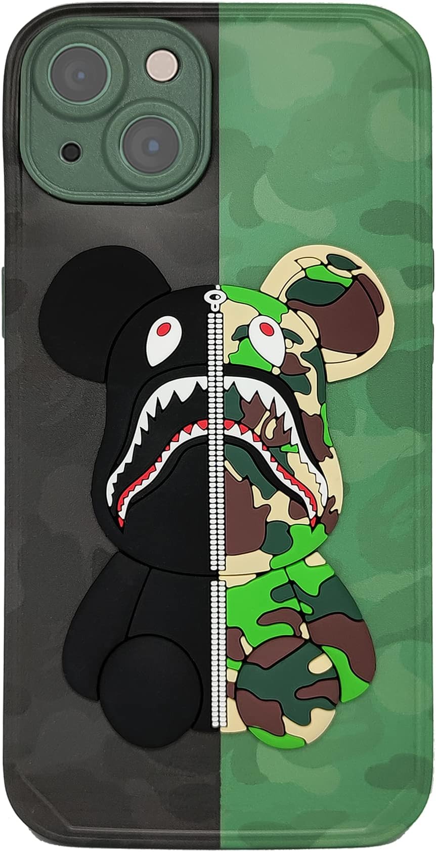 LANJINDENG iPhone 13 Case Camo Shark Bear Design for Men Boys, Cool ArmyGreen 3D Cartoon Pattern Street Fashion Shockproof Anti-Scratch Silicone Full Body Protection Case for iPhone 13