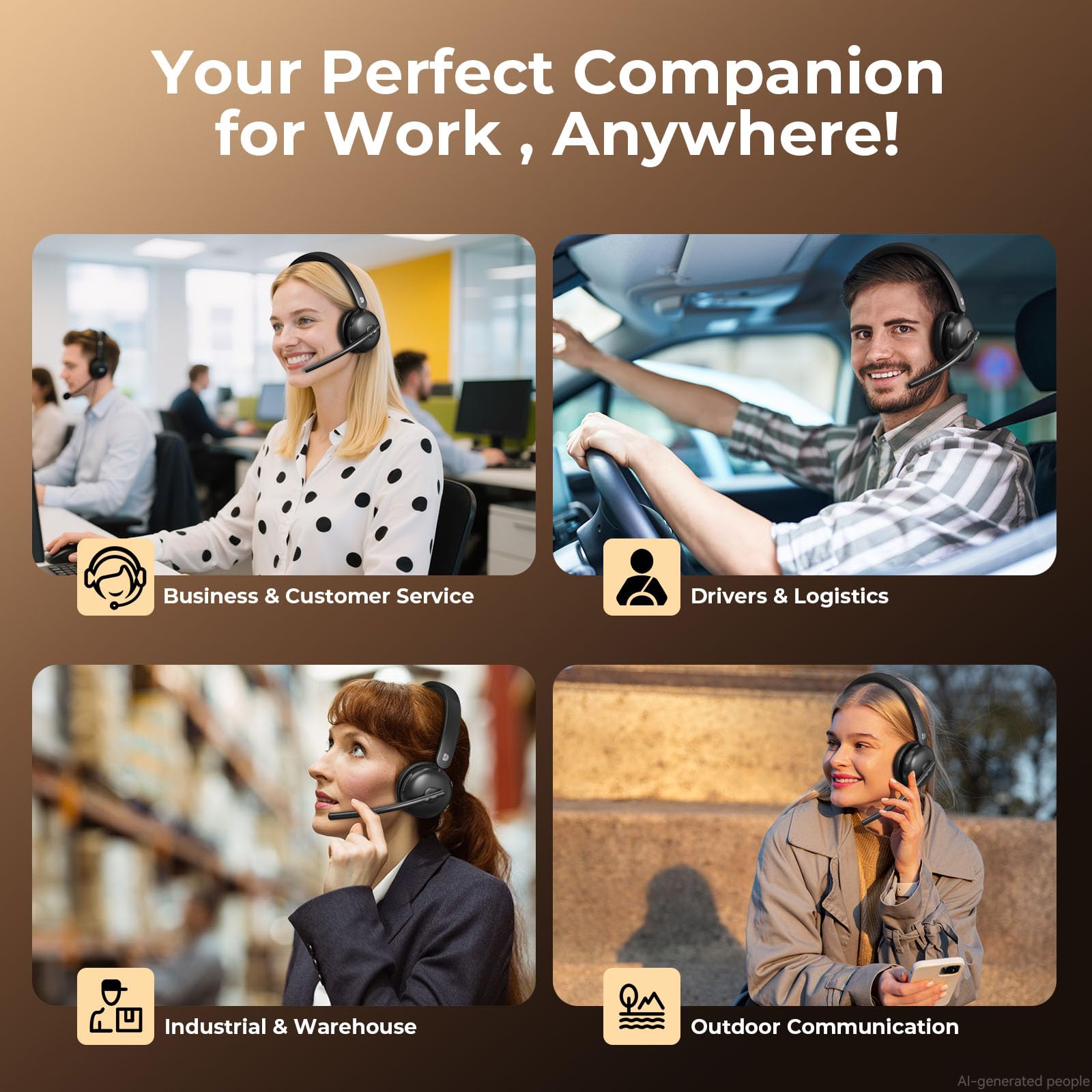 Cuffie wireless con microfono per lavoro, cuffie Bluetooth 5.3 con cancellazione del rumore AI, batteria 65H e funzione mute, cuffie wireless a orecchio singolo e dongle USB, adatte per PC/laptop/team