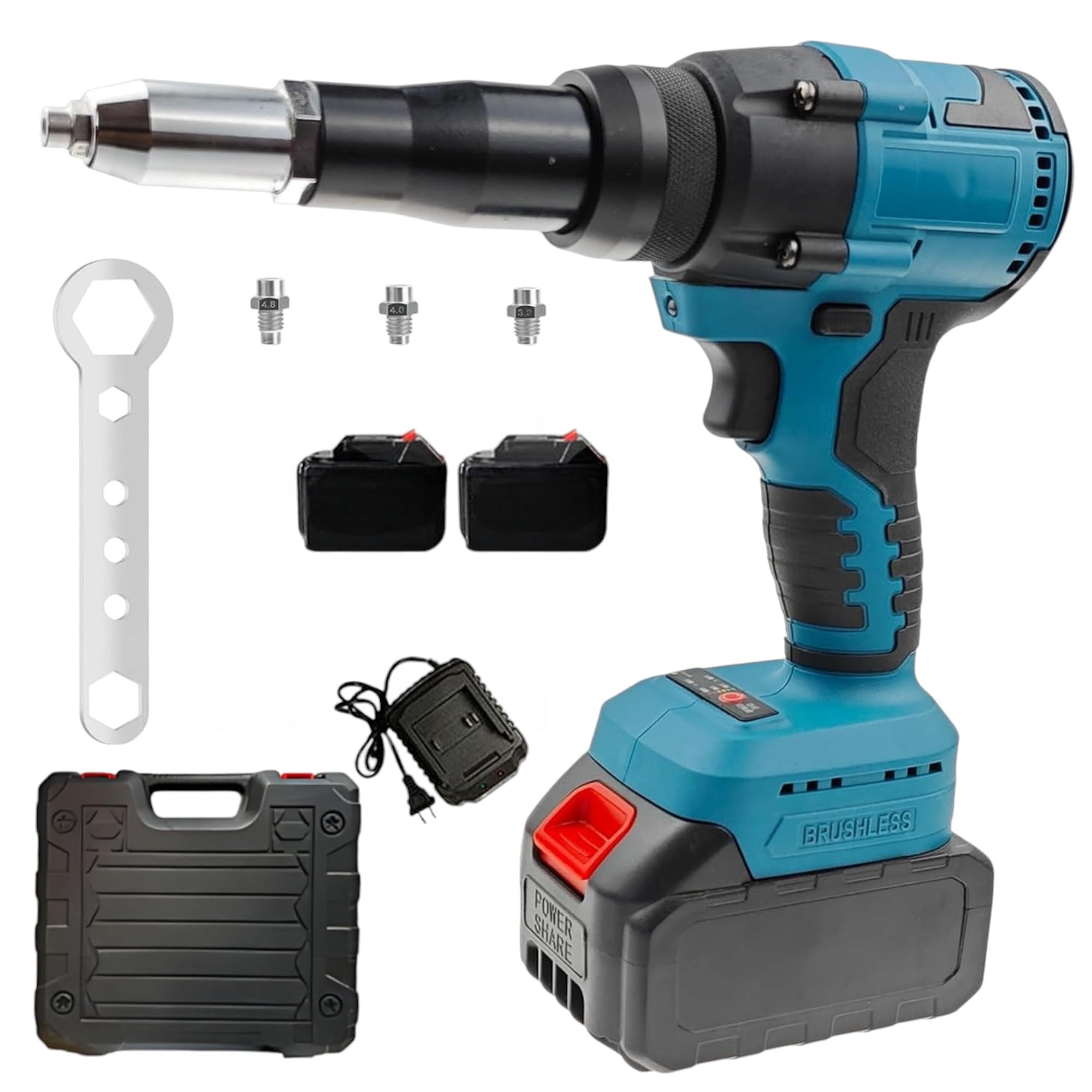 Rivettatrice Elettrica con doppia Batteria 98V 6Ah 250Nm 0-2600/0-3200Giri/min Motore Brushless per Rivetti Ciechi Ø3,2-4,8mm Rivettatrice Portatile con Luce LED