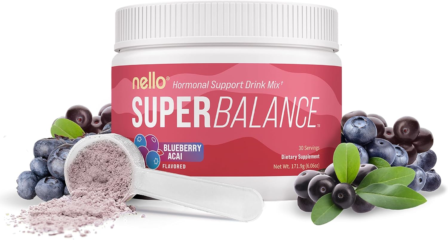 Nello Superbalance Hormonal Support Drink Mix, SRI-81 Shatavari, Myo-Inositol, Rhodiola Rosea, Vitamin C, Magnesium, Theobromine (30 Servings, Blueberry Acai)