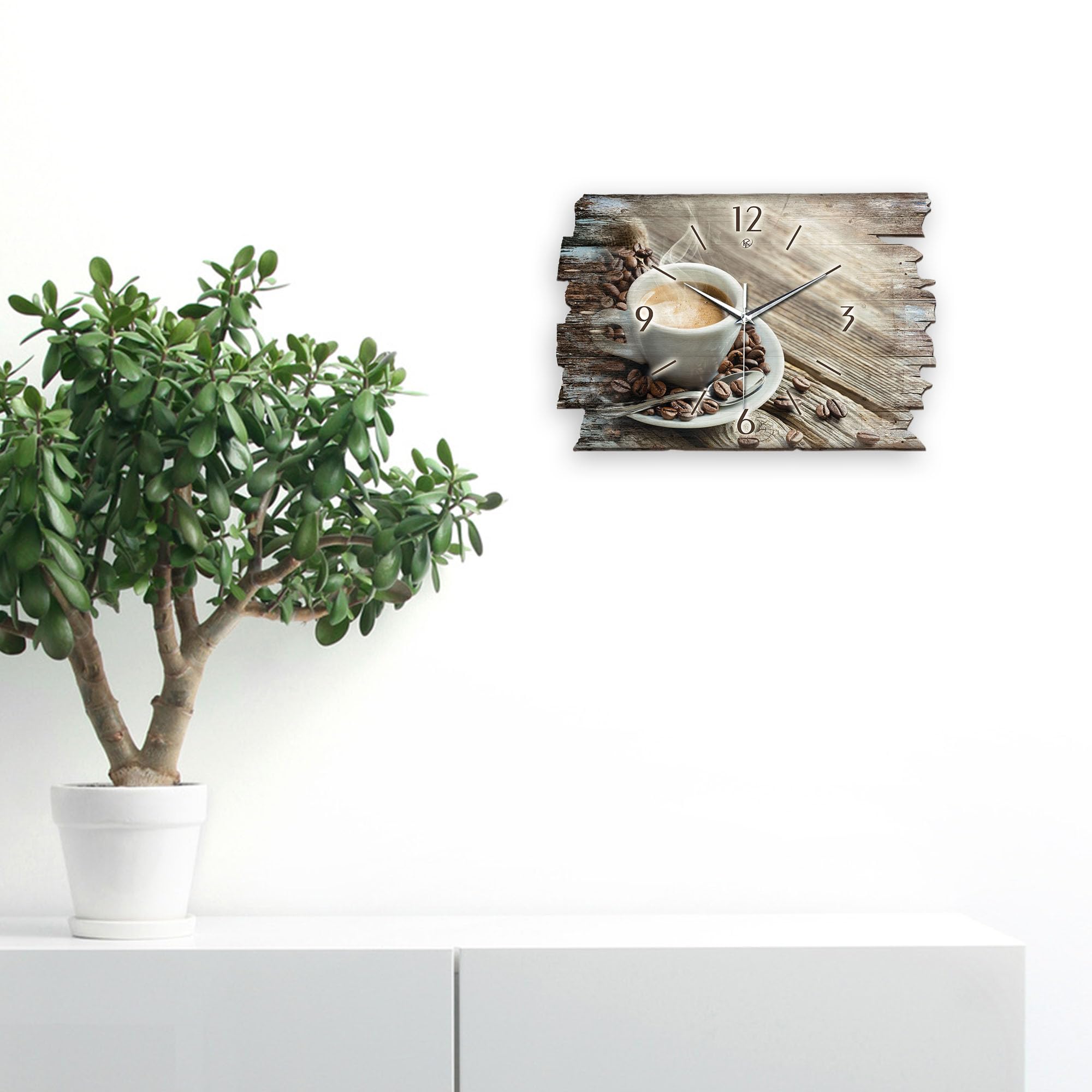 Kreative Feder Designer Wanduhr „Kaffee“ aus Holz 40x27cm im Shabby Style Design - Designeruhr mit flüsterleisem Uhrwerk ohne Ticken (Kaffee, leises Funkuhrwerk)