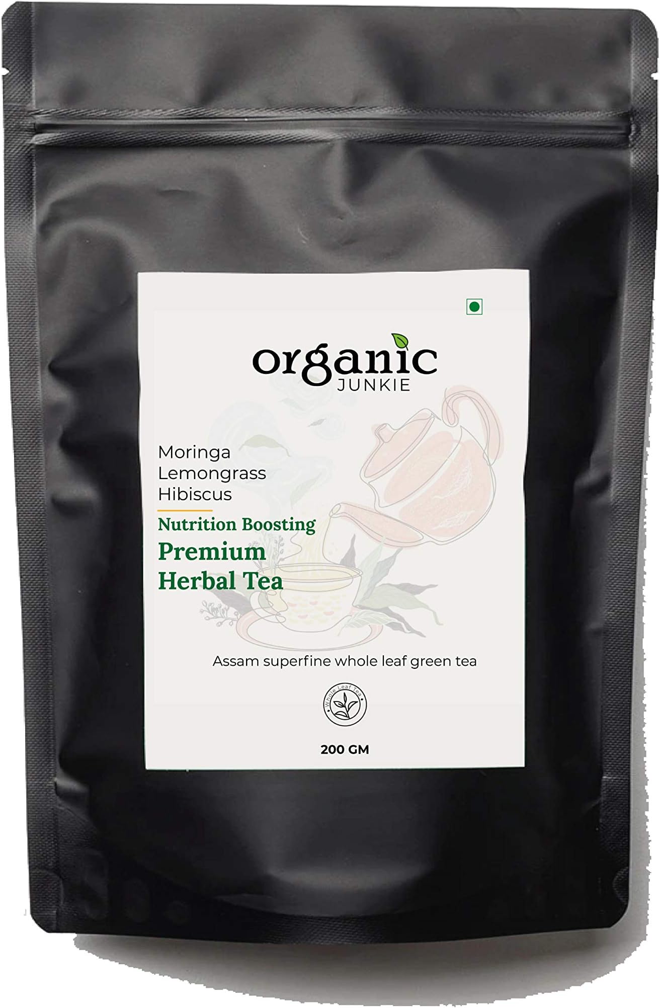 Organic Junkie Green Tea blended with Moringa, Hibiscus and Lemongrass (Nutrition) - 200 Gms