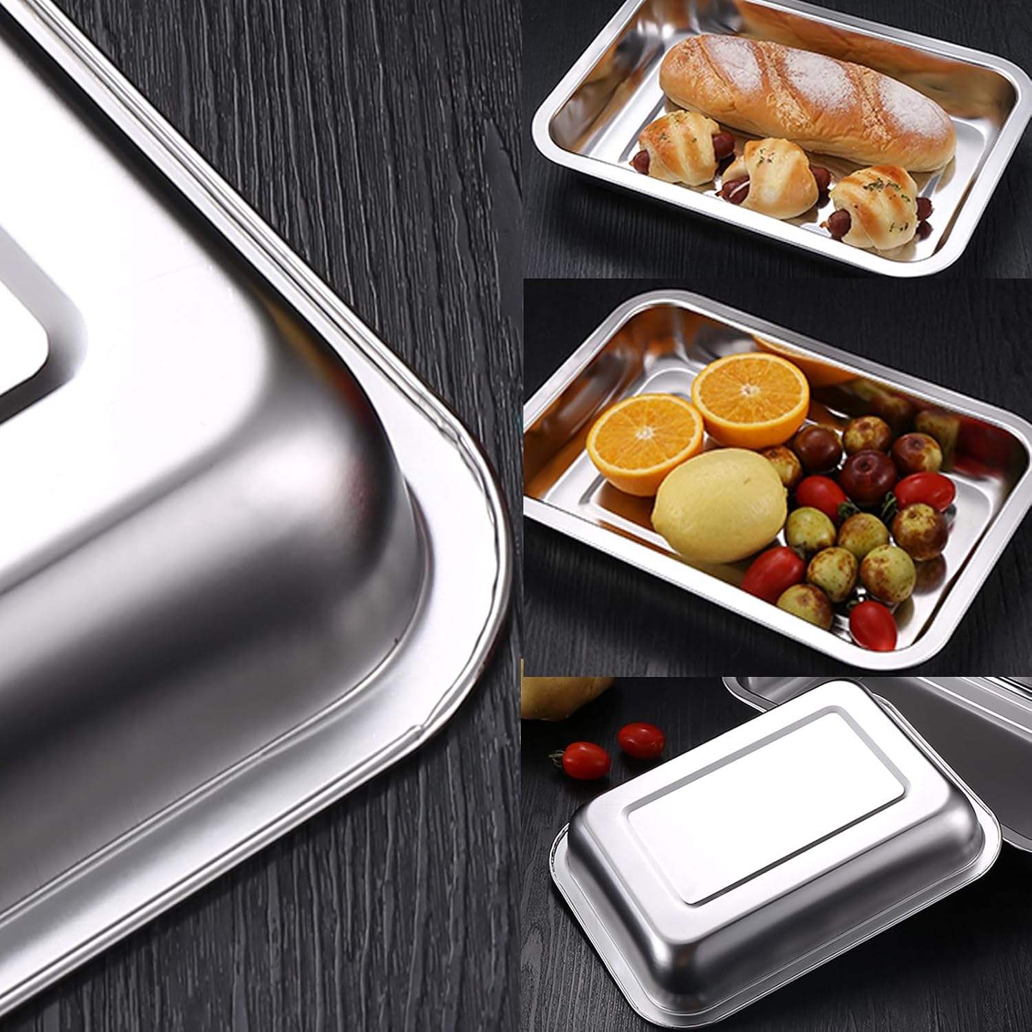 Breading Trays Set of 3 Stainless Steel Breading Pans for Dredging Chicken Breasts and Marinating Meat, Food Prep Serving Trays (12.4" x 8.5" x 1.9")