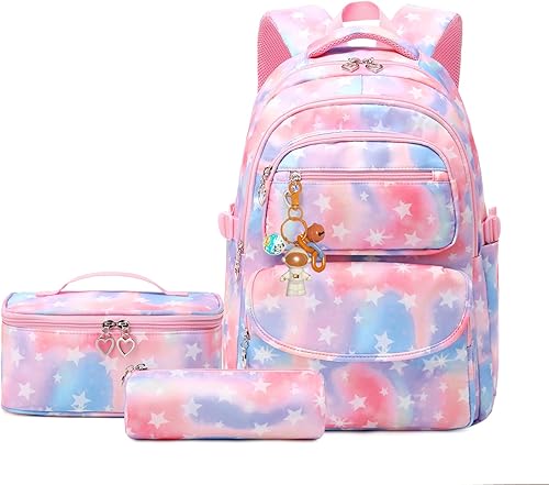 Juego de mochila para niños de 3 piezas para niñas escolares con bolsa de almuerzo a juego, 3 piezas-Rosado, Star Print-sin cargador USB