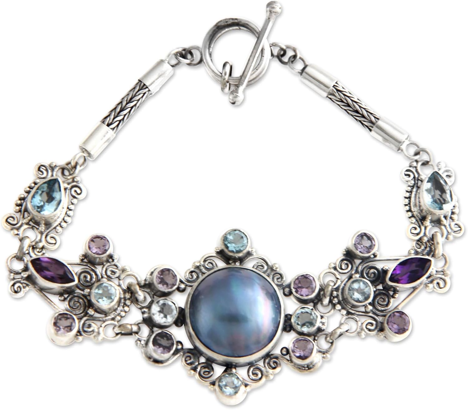NOVICA Artisan Handcrafted Cultured Pearl Amethyst Flower Bracelet Sterling Silver Blue Topaz Mabe Purple White Pendant Indonesia Birthstone Balinese Traditional [7.5 in min L x 8 in max L x 0.1 in ]