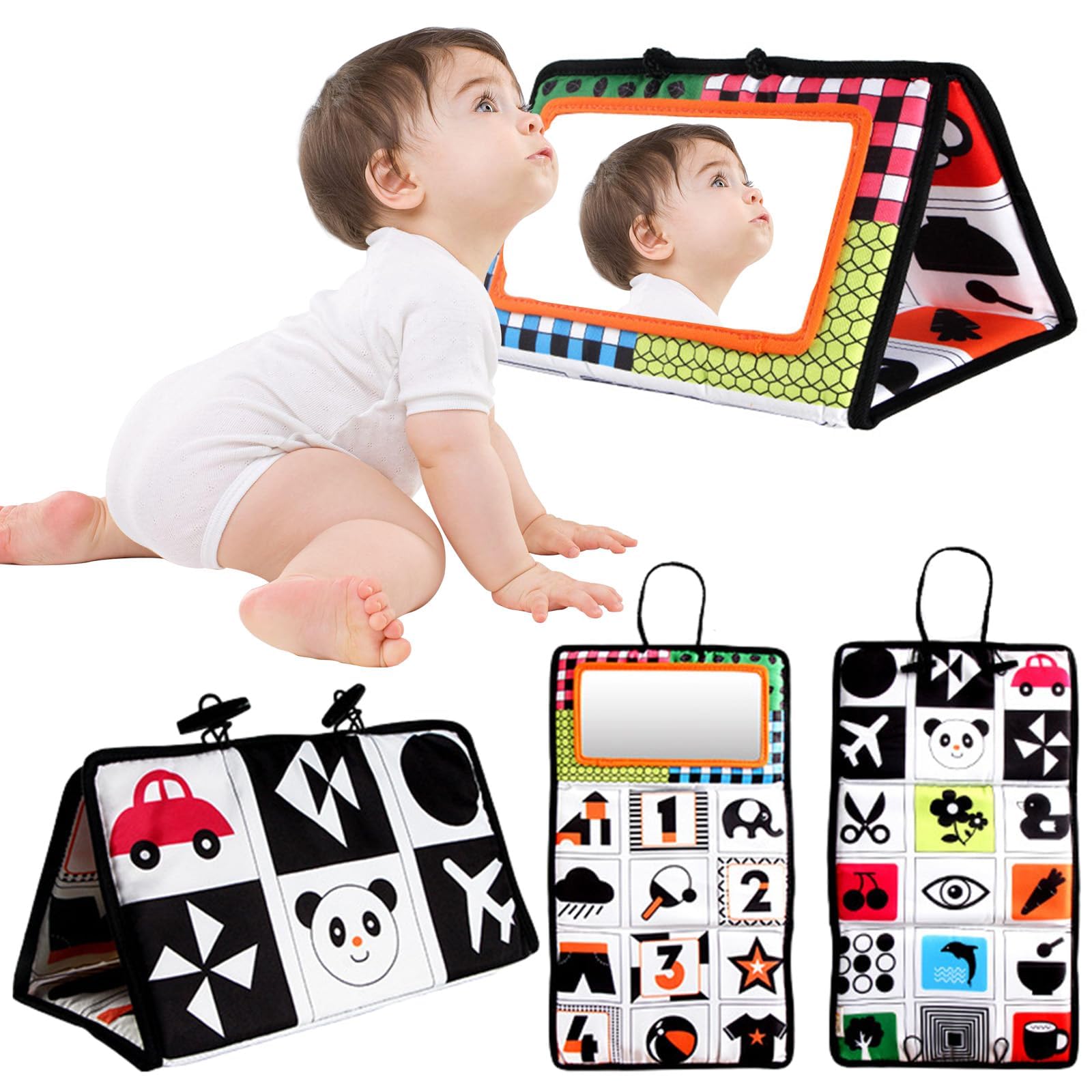 YRHDYU Espejo y Libro Sensorial para Bebe, Juguetes Estimulacion Temprana para Bebe, Libros Sensoriales de Texturas para Baby, Libros de Tela en Blanco y Negro
