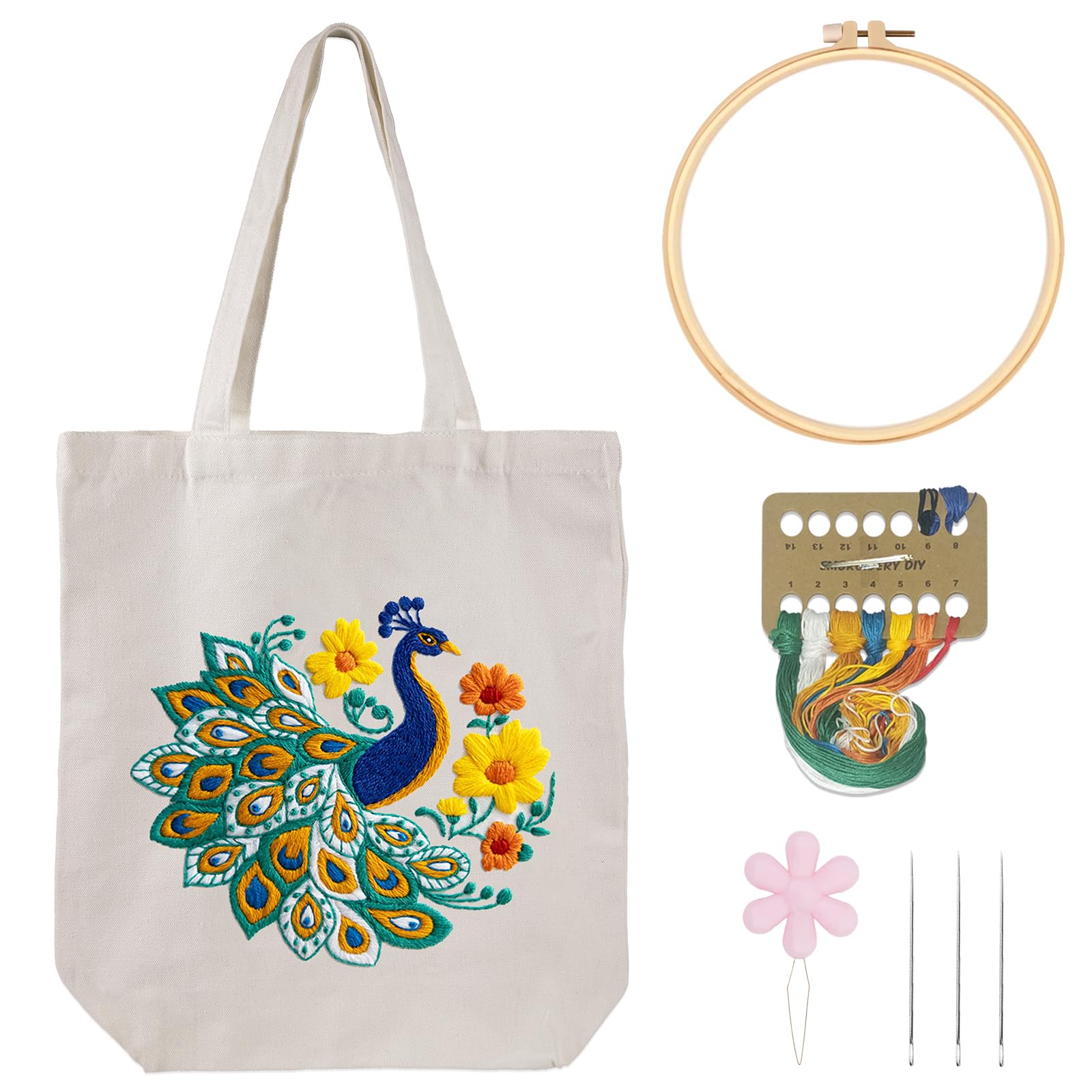 Peacock Embroidery Kit - Beginner Canvas Tote Bag -1