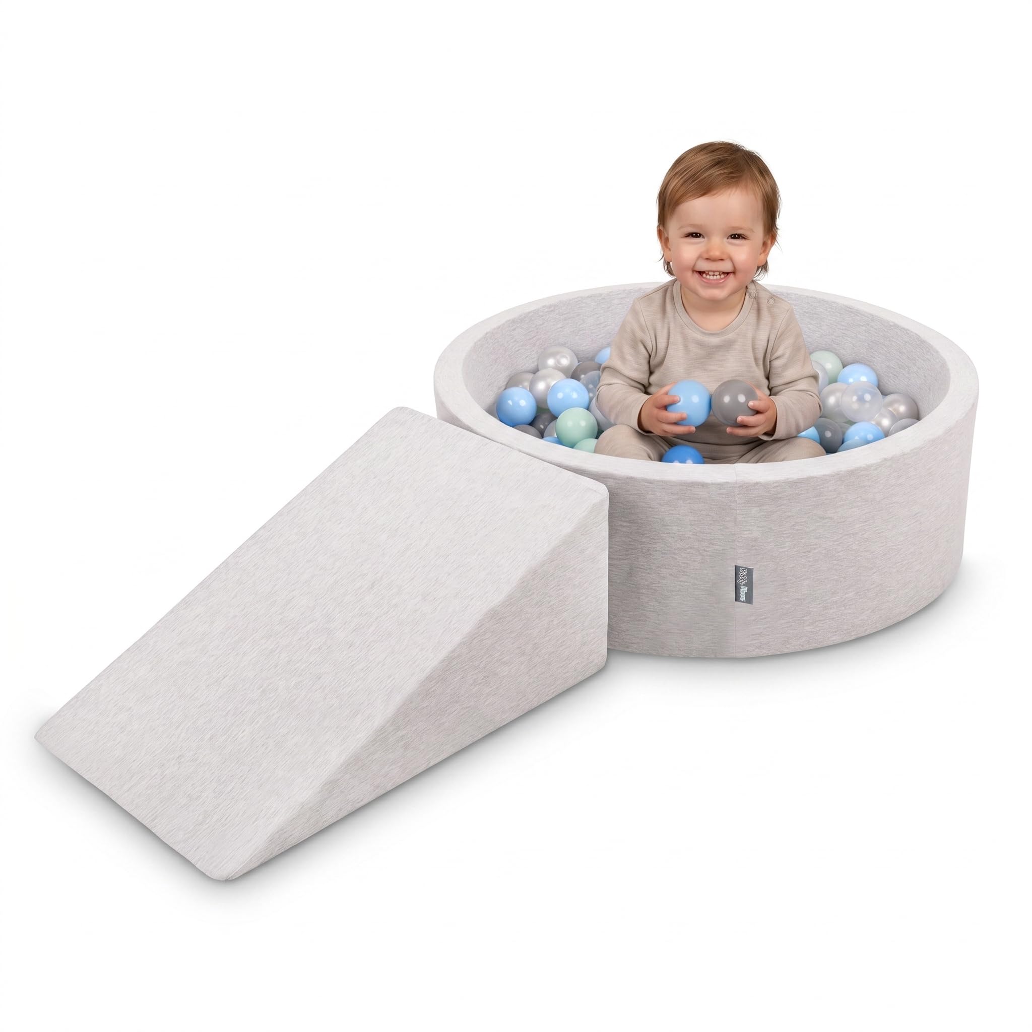 KiddyMoon Soft play set with ballpit 90x30cm and ramp 100 balls 7cm foam playground for babies and toddlers - Light grey: Pearl Grey Transparent Baby blue Mint — image 1