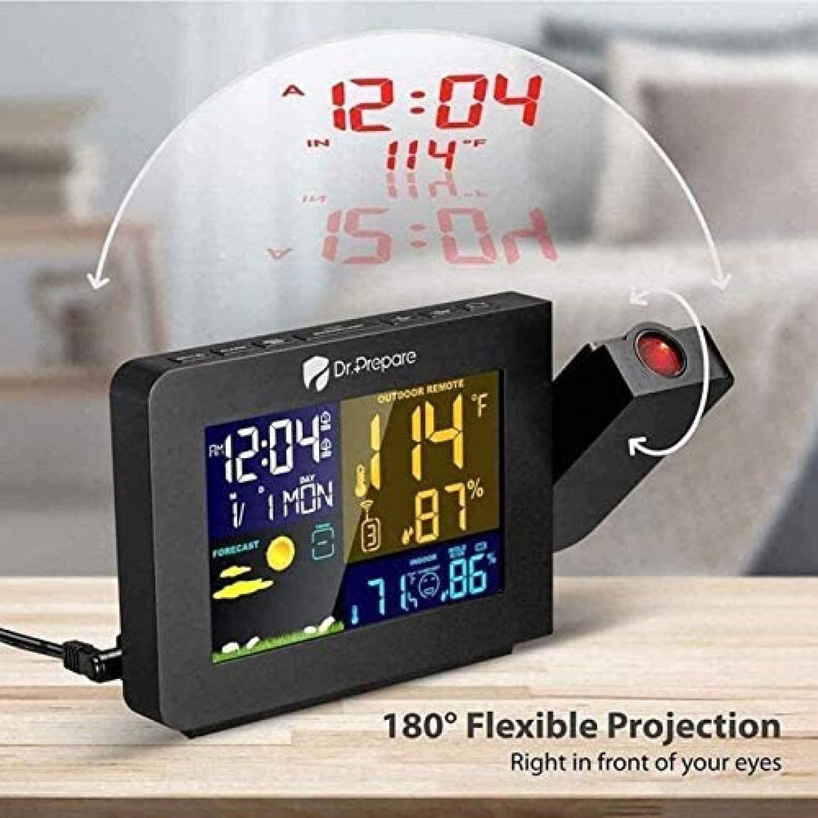 Réveil à Projection, projecteur d'horloge numérique, avec Station météo, adapté à la Chambre à Coucher, Horloge de projecteur, avec thermomètre intérieur sans Fil, Moniteur de température in