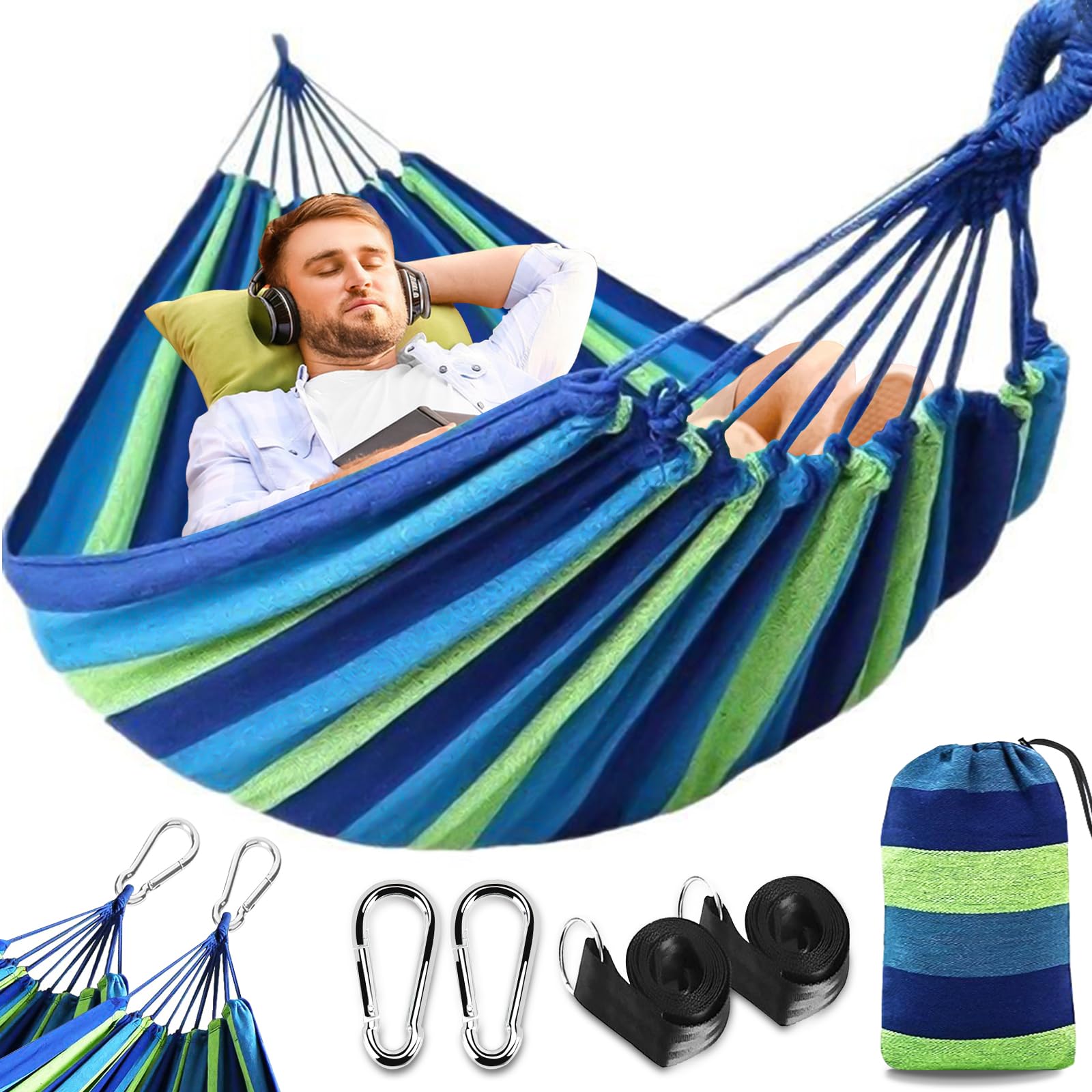 Amaca da Campeggio in Tela 300x150 cm, Capacità di Carico di 270 kg, Traspirante, Durevole Amaca Portatile con Borsa, 2 Moschettoni Premium, 2 Cintura di nylon, Per Esterno Giardino Spiaggia