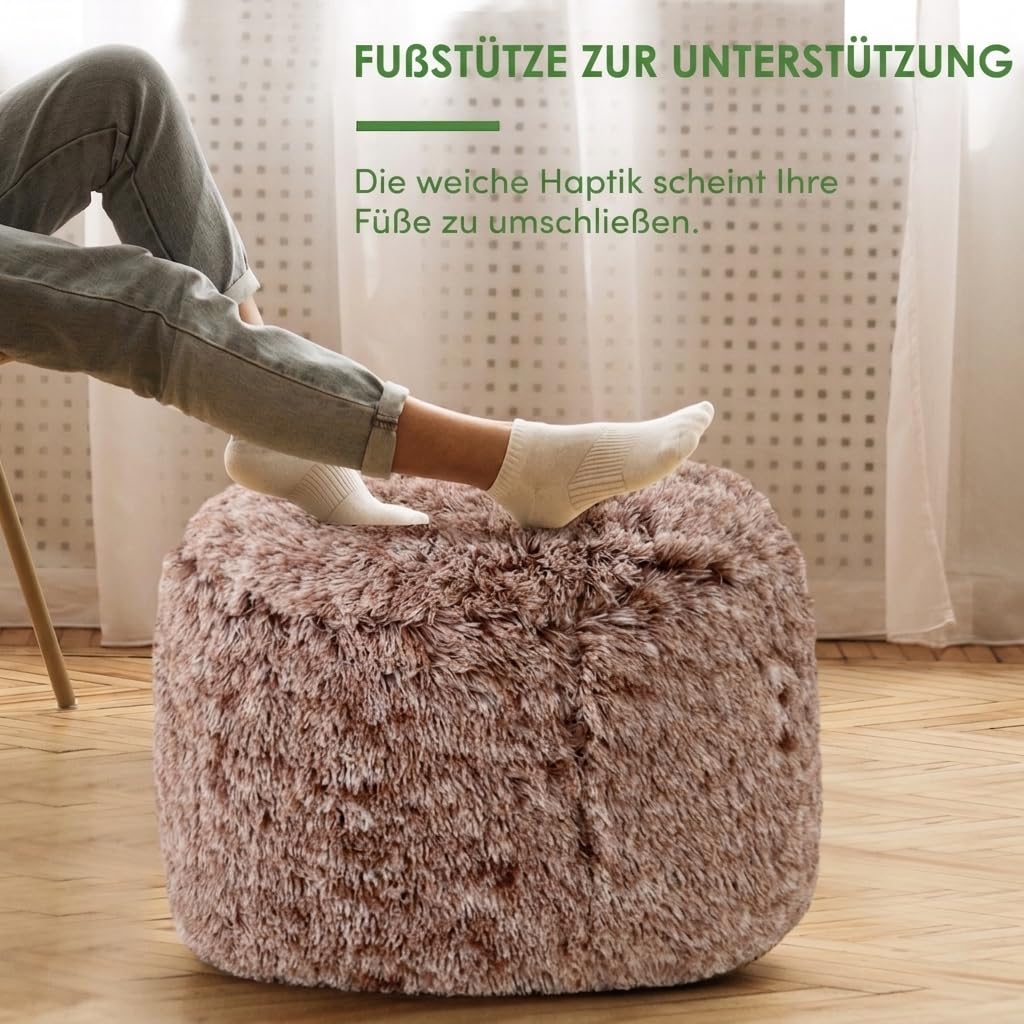 HIGOGOGO Pouf rotondo imbottito in pelliccia sintetica a pelo lungo con imbottitura in schiuma espansa, poggiapiedi peloso con vano portaoggetti, 65 x 40 cm, pouf da pavimento per soggiorno, caffè