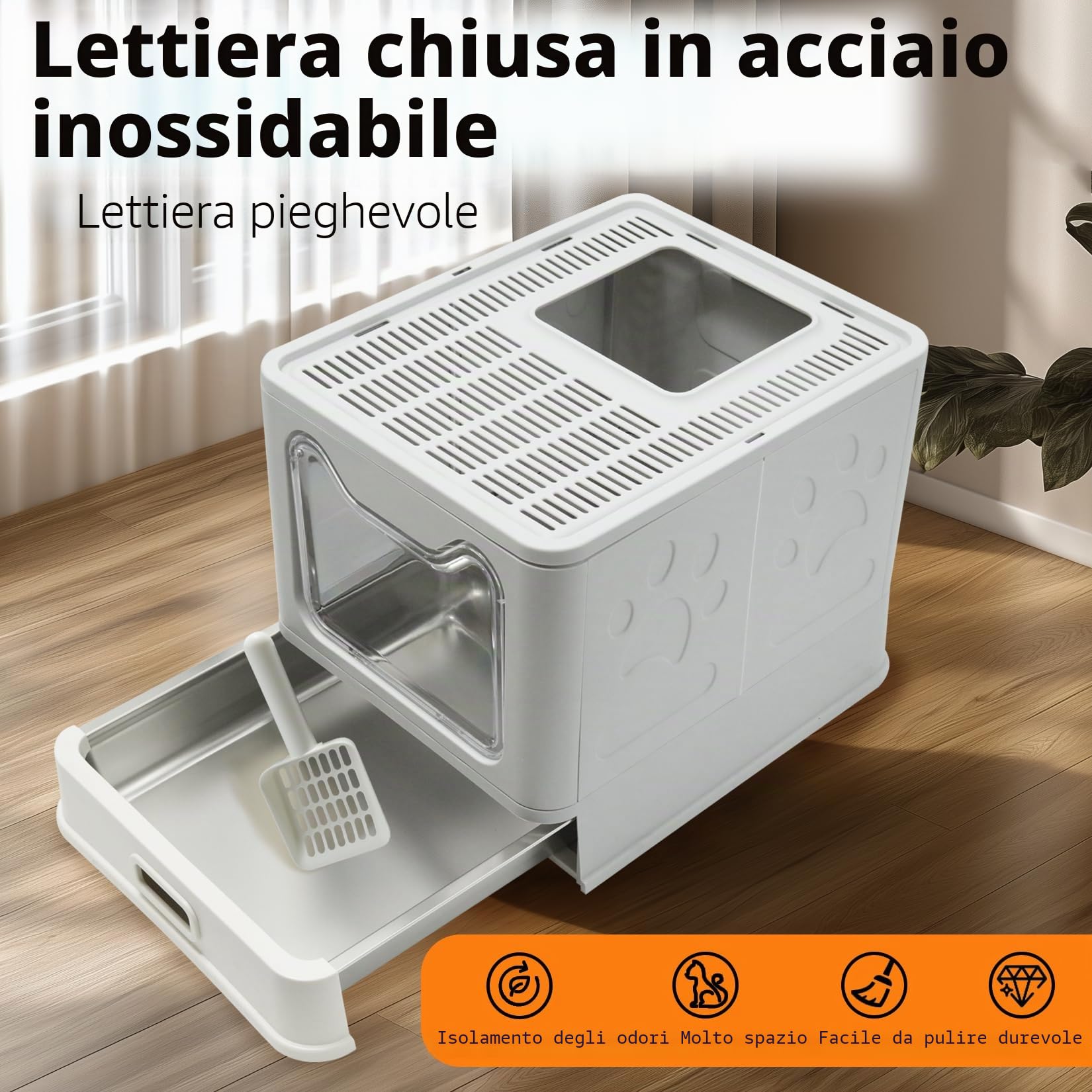 BingoPaw Lettiera Gatto Chiusa Acciaio Inox Cassetto Facile da Pulire | Per Peso Inferiore a 5 kg, Staccabile, Antiodore, con Paletta