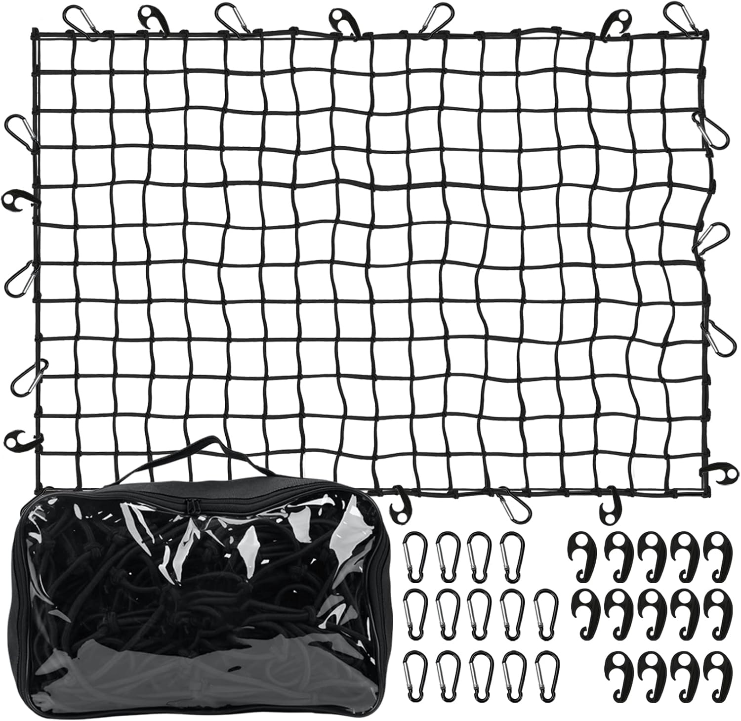 5’ x 7'Cargo Net for Pickup Truck Bed Stretches to 10' x 14' Heavy-Duty, Mesh Square Latex Bungee Netting with 14 Metal Carabiners + 14 Hooks- Compatible with Ford, Dodge RAM, Chevy, Toyota