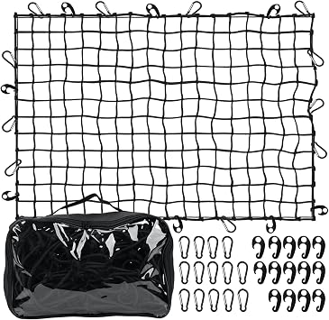 5 x 7Cargo Net for Pickup Truck Bed Stretches to 10 x 14 Heavy-Duty, Mesh Square Latex Bungee Netting with 14 Metal Carabiners + 14 Hooks- Compatible with Ford, Dodge RAM, Chevy, Toyota