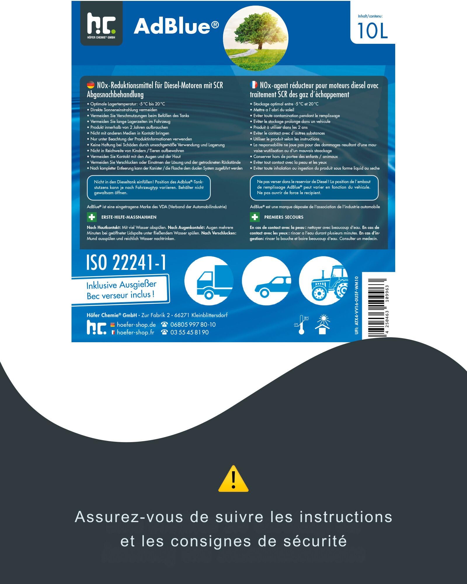 Höfer Chemie AdBlue 2 x 10L avec bec verseur - solution d'urée pour voitures diesel - bidon avec bec verseur - réduit les oxydes d'azote toxiques