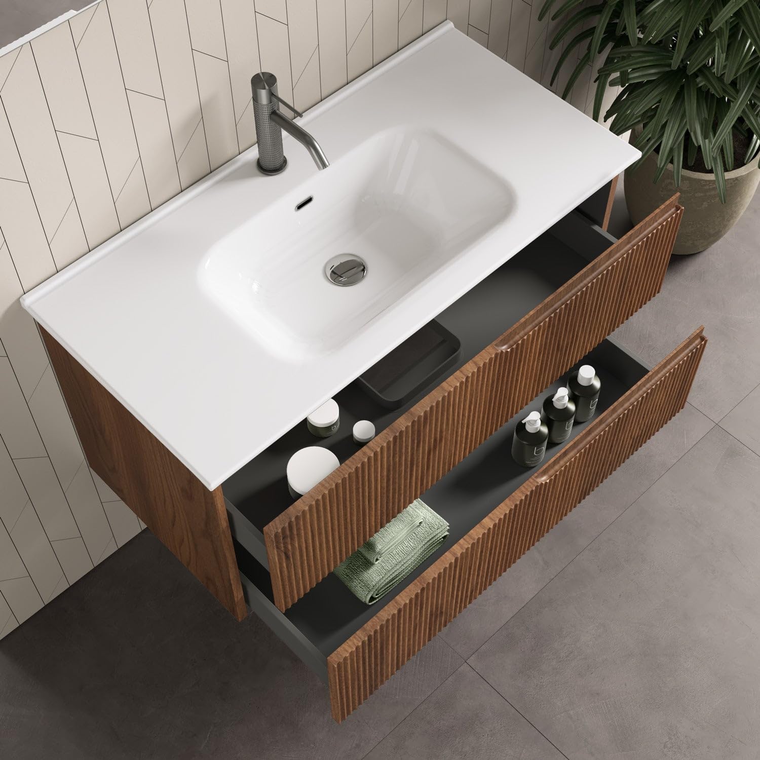 Composizione Bagno 4 Pezzi Venere – Mobile Con Lavabo, Specchio E Luce LED – Verde Salvia, 81×46,5×190 Cm