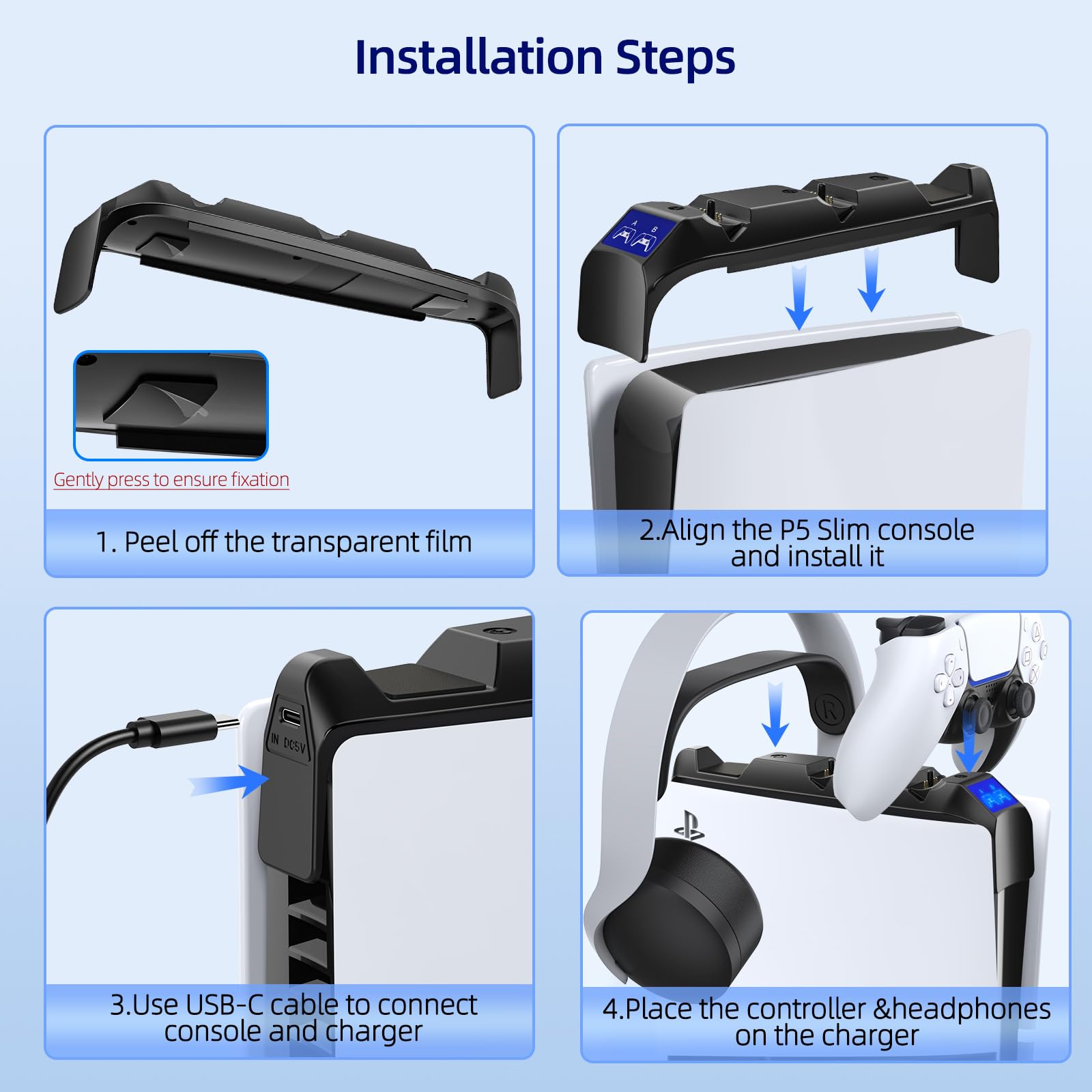 Ladegerät für PS5 Slim Controller, Ladestation für PS5 & PS5 Edge Controller, nur für Playstation 5 Slim Disc & Digital Konsole, Zubehör mit Halterung für Kopfhörer