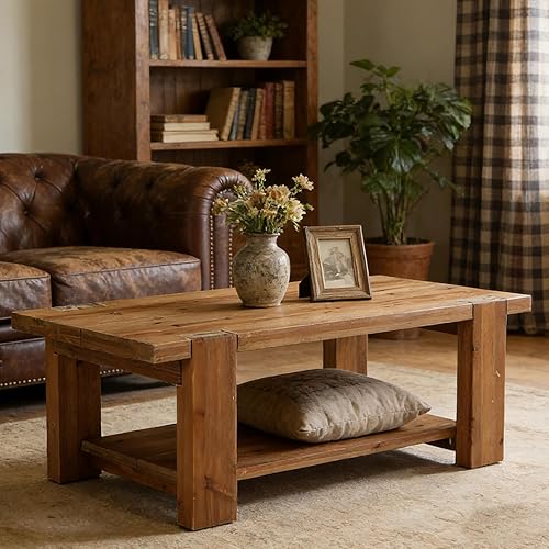 Mesa de centro de madera maciza con estante de almacenamiento de 2 niveles, mesa central rectangular de granja de 47.2 pulgadas para sala de estar,