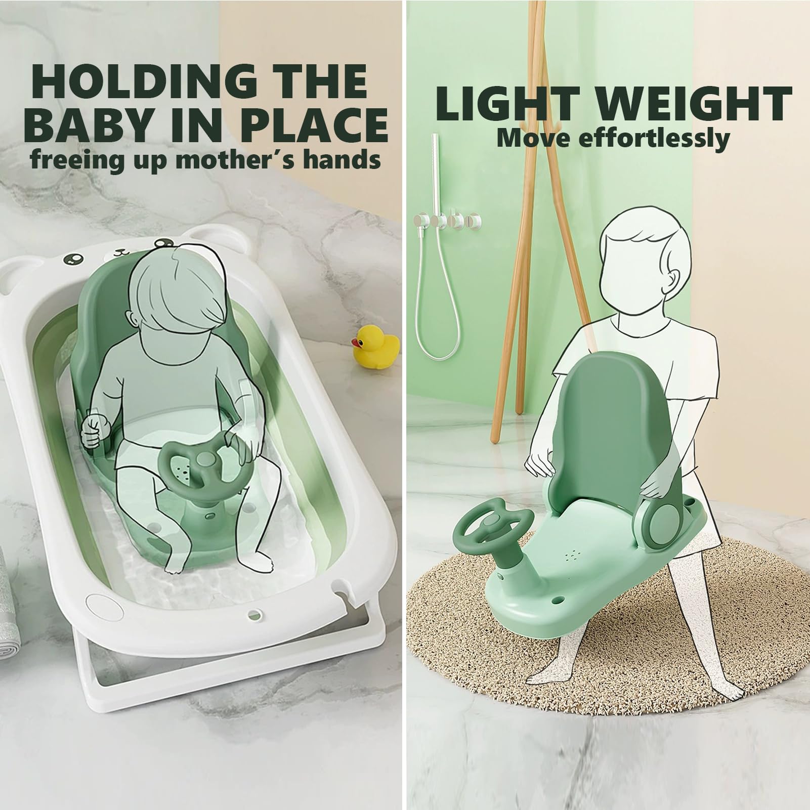 Siege de Bain pour Bebe, Siege Bain Bebe Pliable Antidérapant, Anneau de Bain Bébé -Bain Bebe Dossier Réglable avec 4 Ventosa Puissante pour Bébé à Partir de 6 Mois,Vert