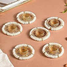Tea Light Holder Set of 6 – White & Gold Metal with PVC Pearls | Diwali Decoration Items for Home Decor & Pooja | Decorative Diya for Festival & Gifting