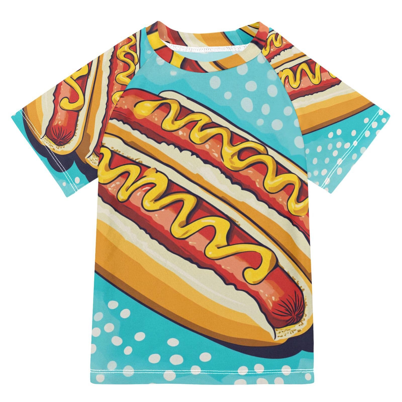 Jucciaco Boys Swing Shirts Hot Dog Blue Food Rashguard Short Sleeve Kids T-Shirts Sun UPF 50+