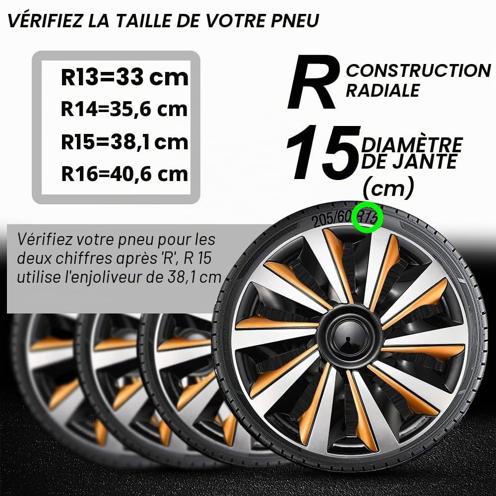 Blueshyhall Lot de 4 enjoliveurs dorés, argentés, noirs brillants, pour jantes en acier en plastique PP, 13-16", option cool, enjoliveurs colorés, accessoires de tuning extérieur (13")