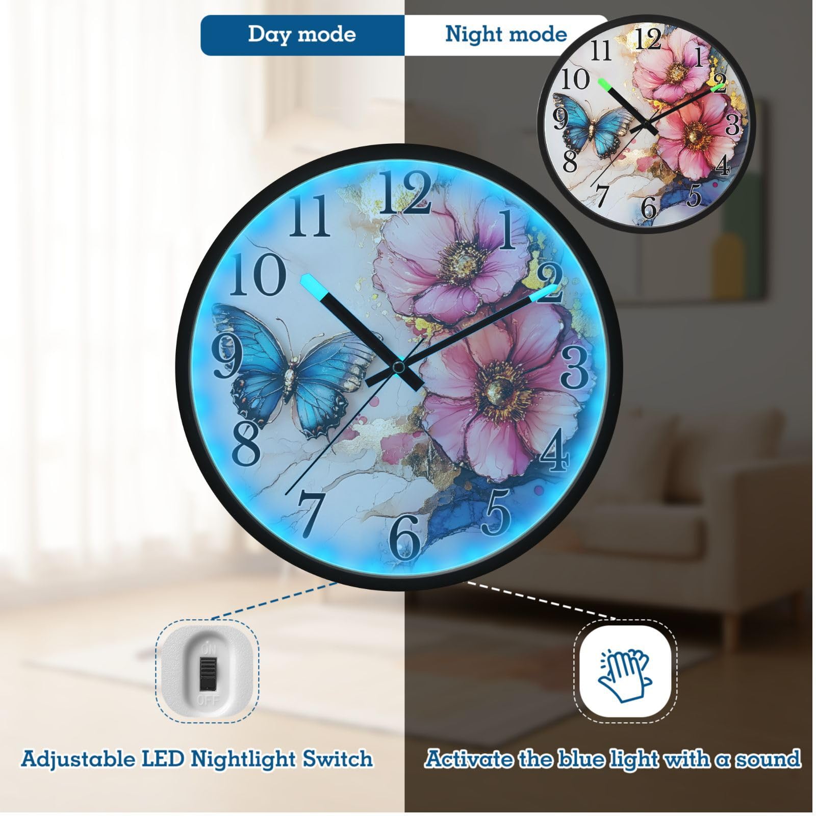 Mnsruu Reloj de pared luminoso con diseño de flores y mariposas, reloj de pared que brilla en la oscuridad, funciona con pilas, silencioso, sin tictac, luz nocturna para dormitorio