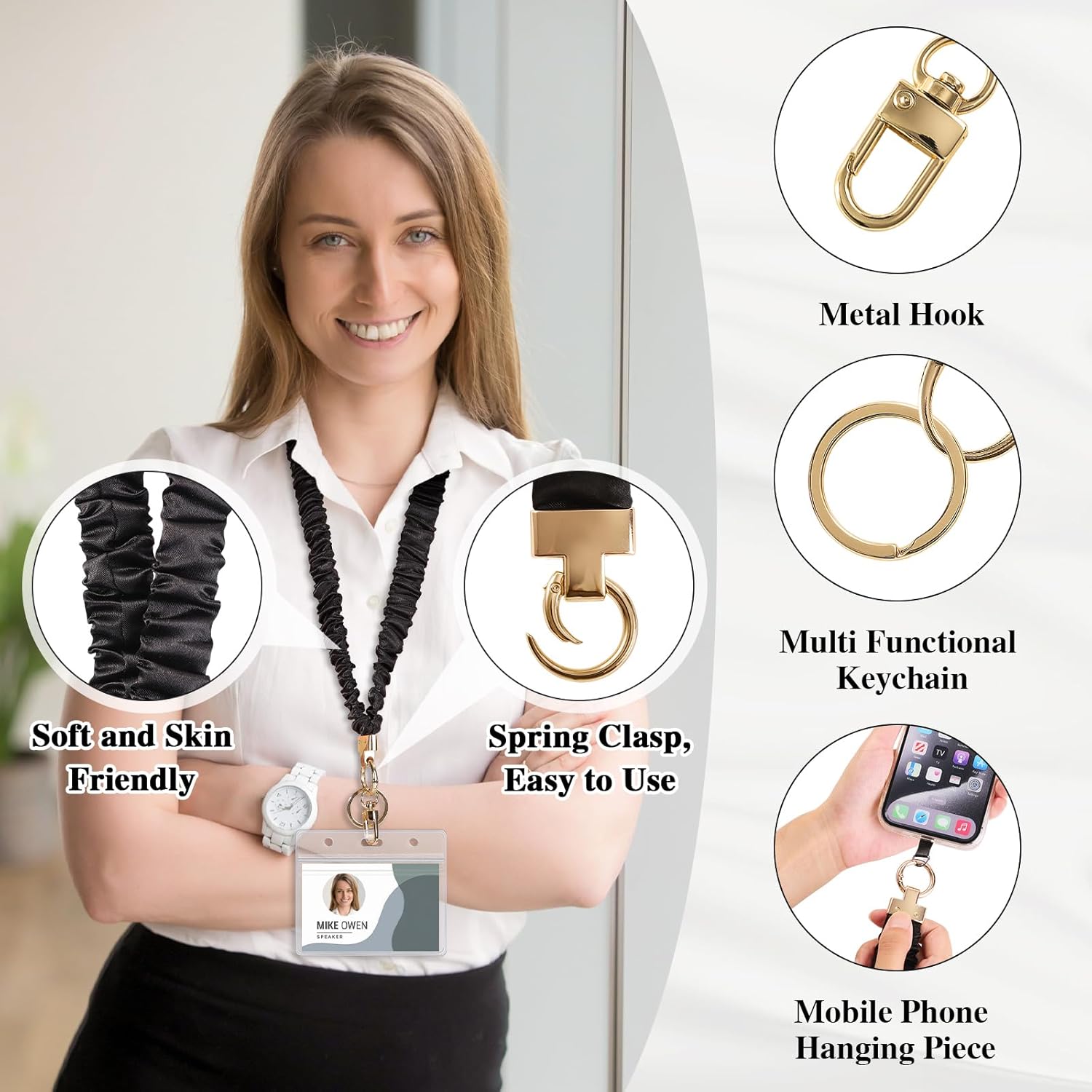 Prudiut Scrunchie Lanyard for Id Badges, Retractable Teacher Lanyards Stretchy Scrunchie Lanyard with Id Holder for Women - Image 3