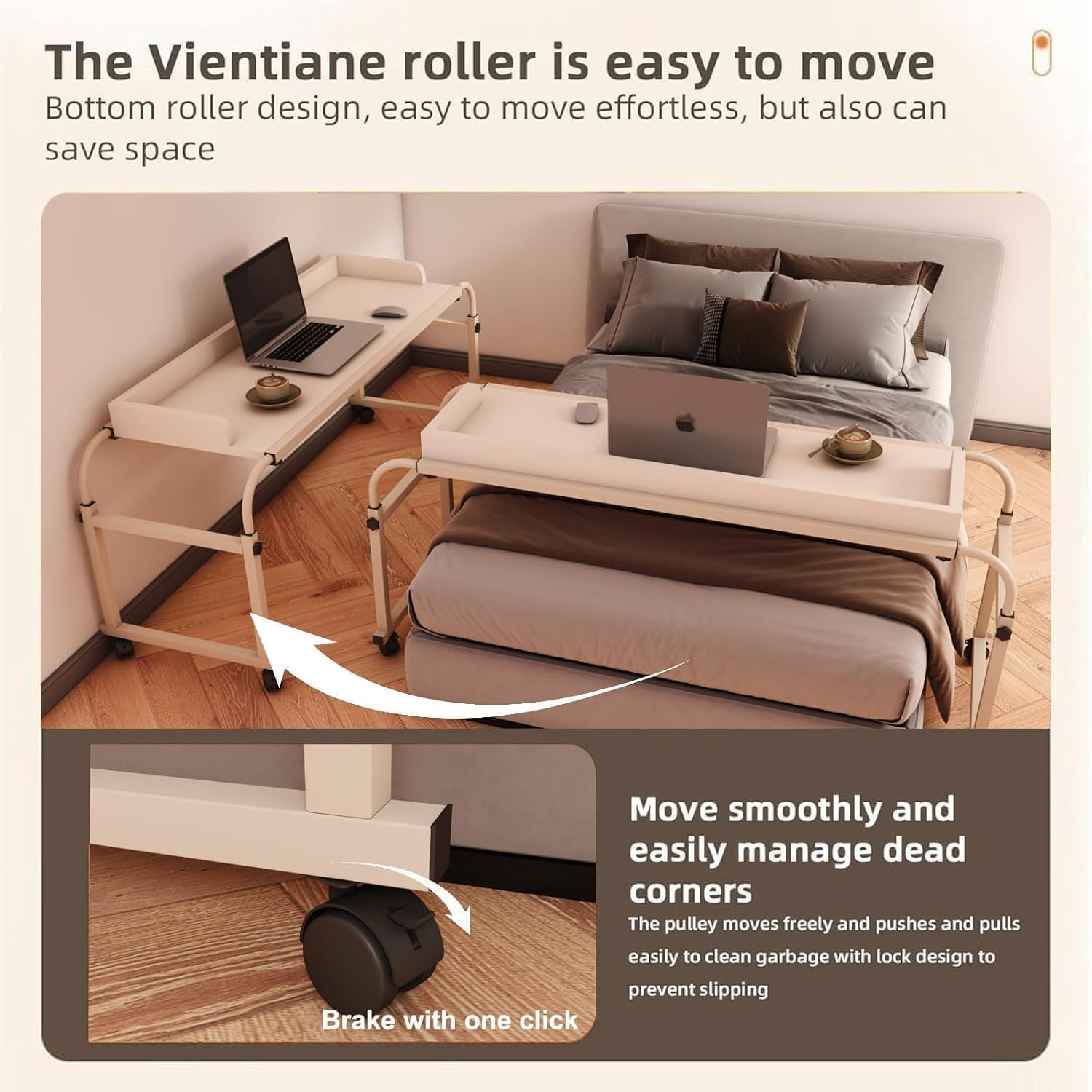 Table de lit réglable en hauteur avec roulettes, 120 à 210 cm, bureau mobile sur lit, canapé ou bureau, support réglable de 65 à 95 cm, chariot mobile pour ordinateur portable, bureau