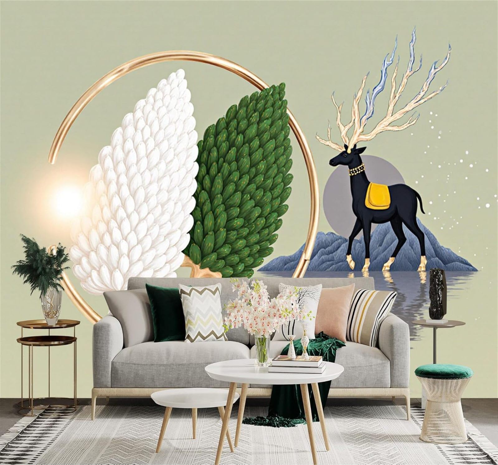 XLMING Black Deer Golden Antlers Abstract Leaves Hills Reflections 3D Wallpaper Silky Texture Home Study Office Grey Dining Room Sofa Bedroom Living Room TV Backdrop-350cm×256cm