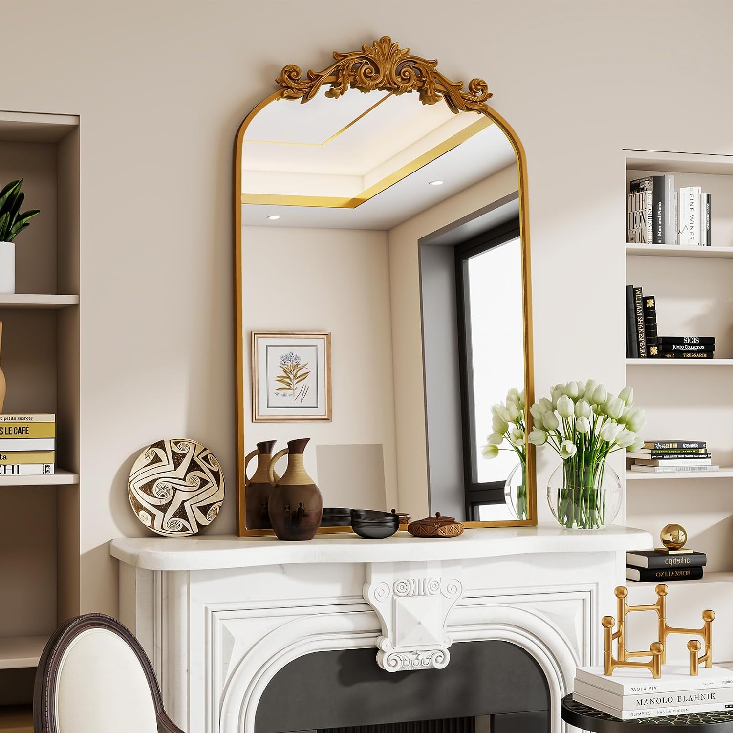 VooBang Vintage Arched Bathroom Mirror, 24×36 Inch Retro Wall Mounted Vanity Mirror with Carved Pattern Top and Metal Frame, Gold Decorative Mirror for Hanging or Leaning