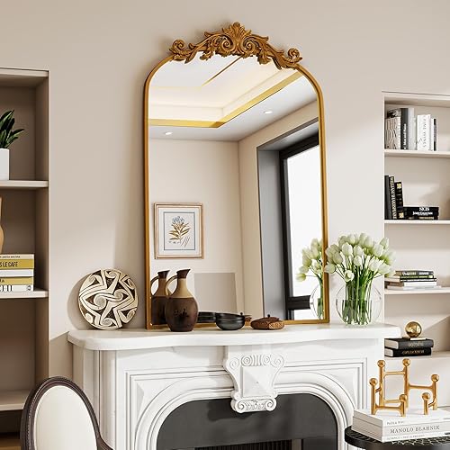 Miniatura 14 de VooBang Espejo de baño vintage arqueado de 26 x 38 pulgadas, magnífico espejo de tocador de pared con hermoso marco retro de proceso de grabado