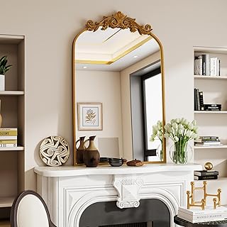 VooBang Vintage Arched Bathroom Mirror, 24x36 Inch Retro Wall Mounted Vanity Mirror with Carved