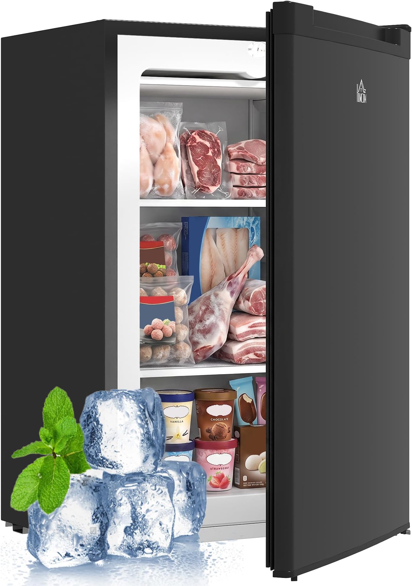 HOMCOM Mini Freezer Countertop, 3 Cu.Ft Compact Upright Freezer with 3 Shelves, Reversible Door for Home, Dorm, Apartment and Office, Black