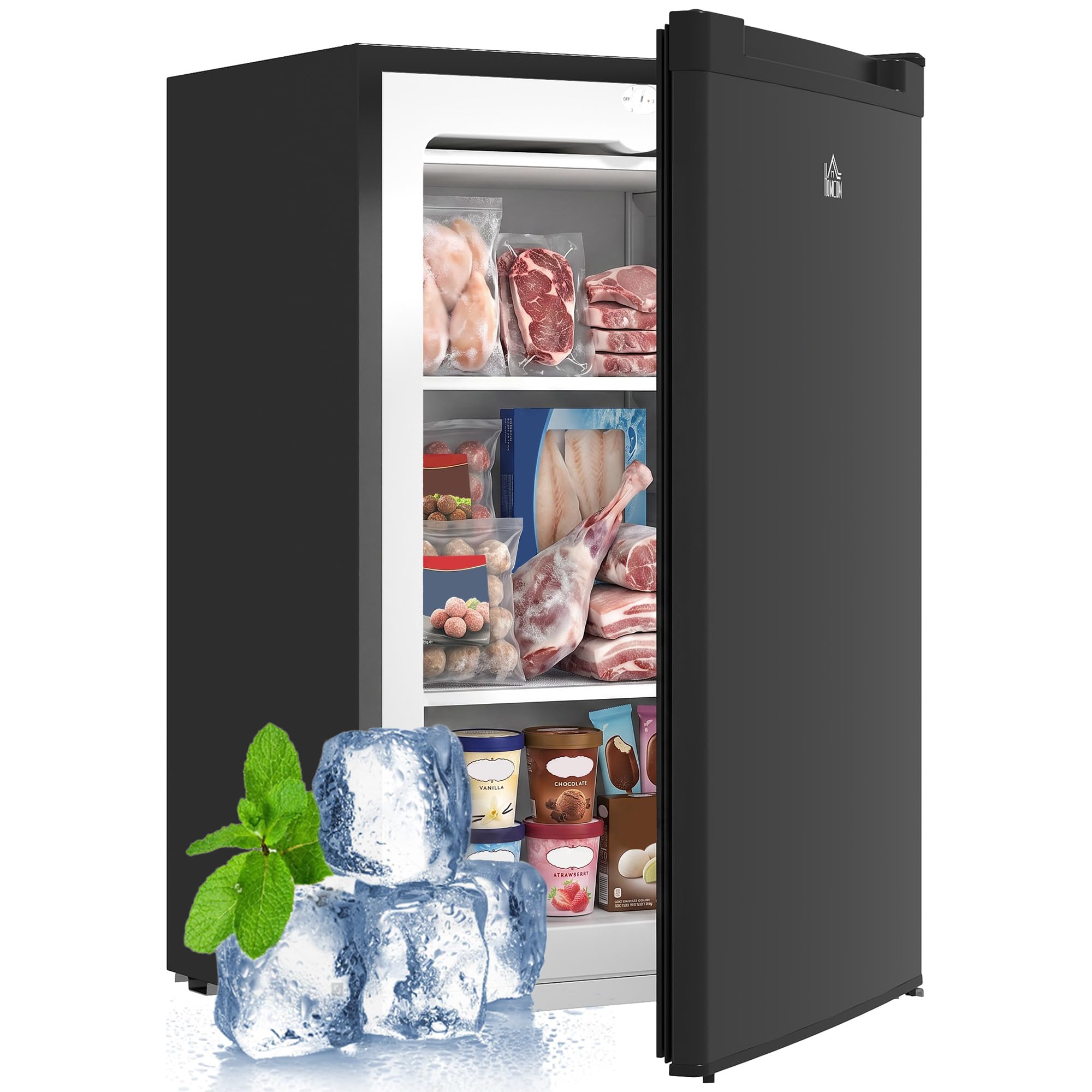 HOMCOM Mini Freezer Countertop, 3 Cu.Ft Compact Upright Freezer with 3 Shelves, Reversible Door for Home, Dorm, Apartment and Office, Black | Fridge.com