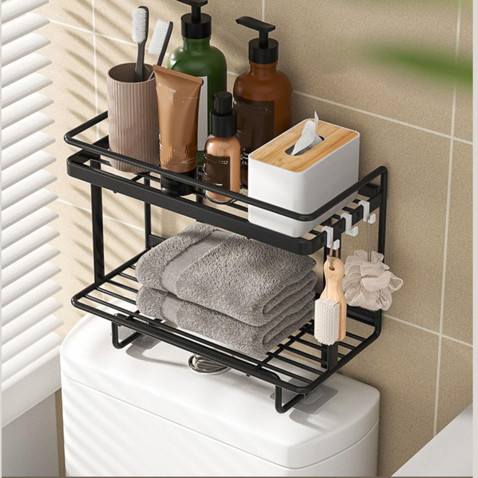 Estante para Estante sobre Inodoro, Ganchos para Estante De Almacenamiento para Inodoro Sin Perforaciones, Estante para Inodoro Multicapa para Espacios Pequeños,Negro,3 Layers