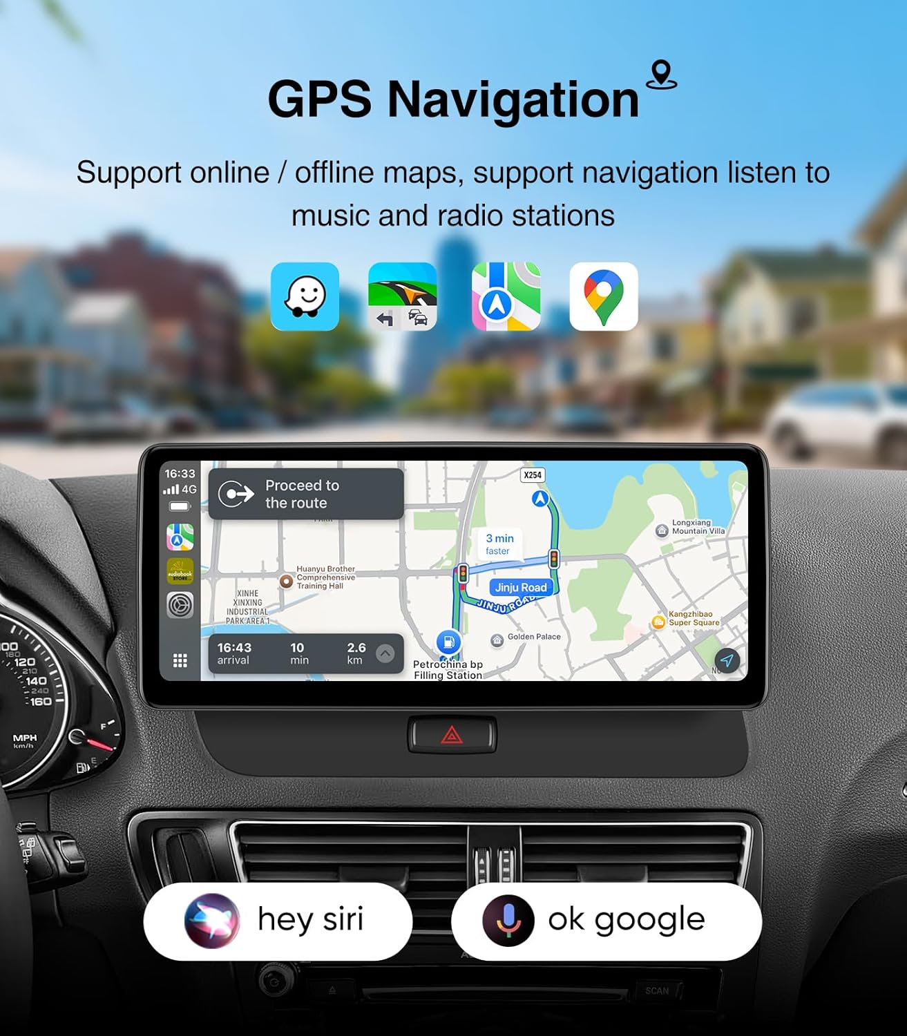 GPS navigation screen displaying a map with a route, estimated time of arrival, and distance, along with voice assistant icons.