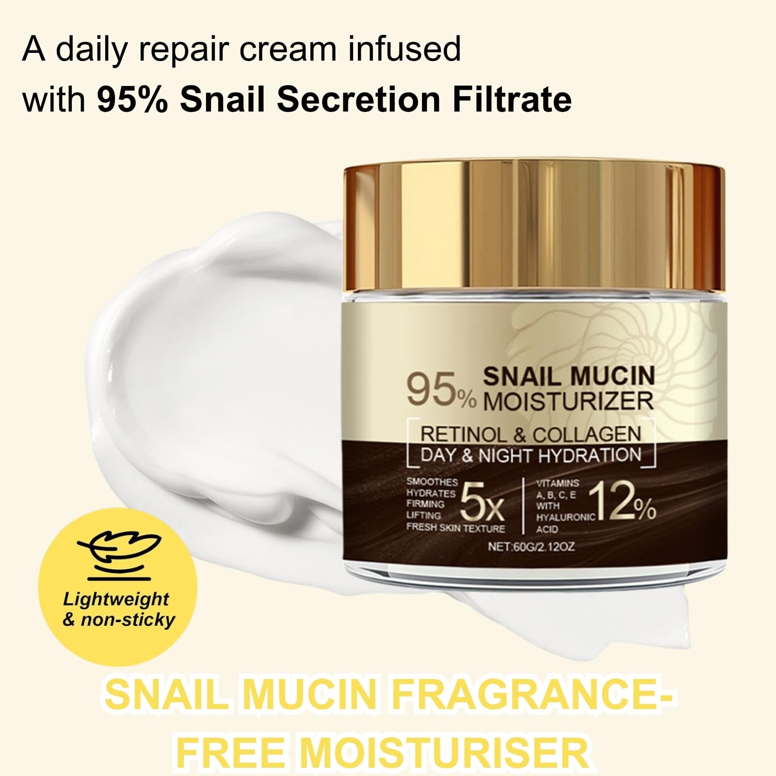 95% Snail Mucin Moisturizer, Natural Snail Mucin Serum Face Cream, Deep Hydration & Skin Repair Cream for Day & Night - Image 4