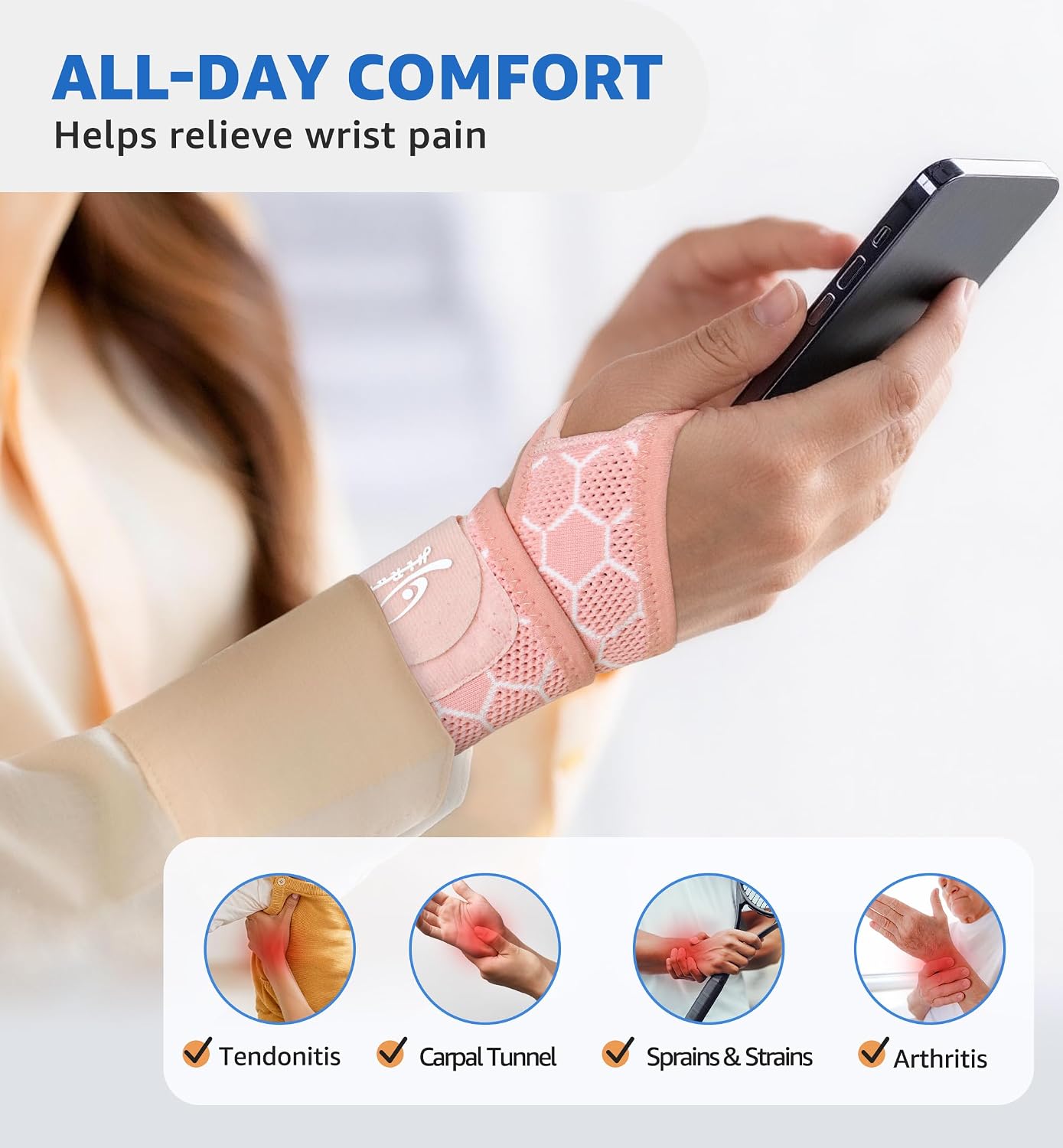 HiRui Upgraded 3D Knit Breathable Wrist Brace Wrist Wrap, Extended Length Adjustable Compression Strap, Elastic Support for Wrist Pain Relief, Carpal Tunnel, Sports, Gym & Daily Use (2, Pink)