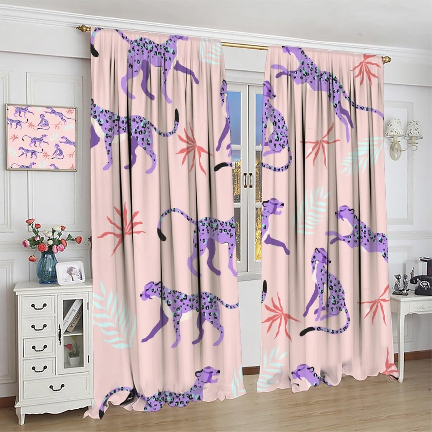 Purple Leopard Curtains, Mid Century Morden Wildlife Cheetah Tropical Jungle Vintage Safari Hunting Boho Minimalist Print Window Treatments for Kids Boys Girls Bedroom Living Room 52x84in