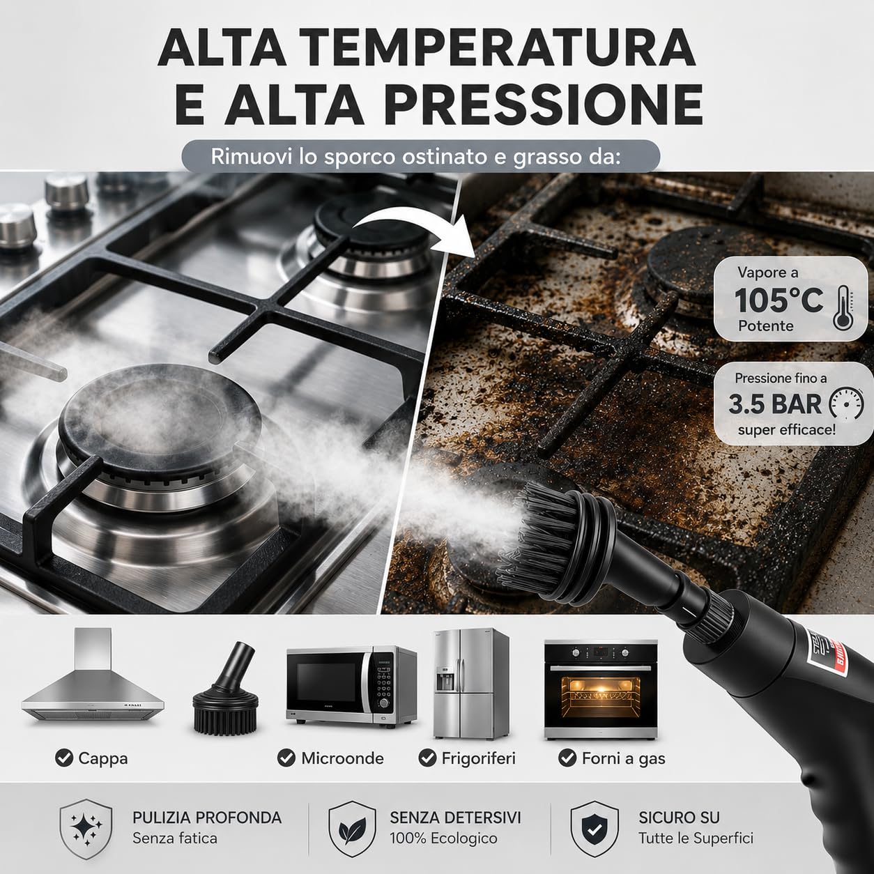 Pulitore a Vapore Portatile 2500W ad Alta Pressione – 6 Velocità Regolabili, Serbatoio 1200 ml, 3 Testine Incluse – Ideale per Casa, Cucina, Bagno, Finestre e Auto