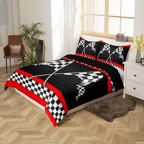 Miniatura 3 de Juego de ropa de cama con temática de autos de carreras tamaño Queen, juego de funda de edredón con bandera a cuadros en blanco y negro para niños y
