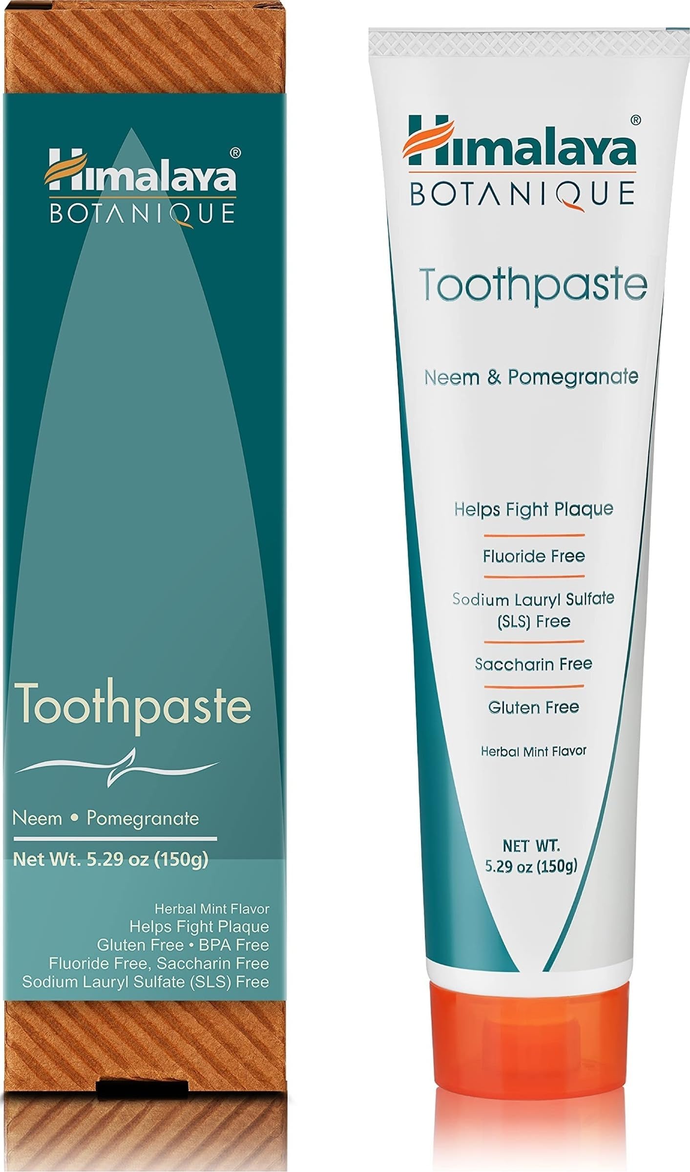 Himalaya Botanique Neem & Pomegranate Toothpaste, Herbal Mint, 5.29 oz | Fluoride Free Toothpaste Fights Plaque & Freshens Breath - Vegan, Gluten Free, No SLS, No Artificial Flavors or Colors