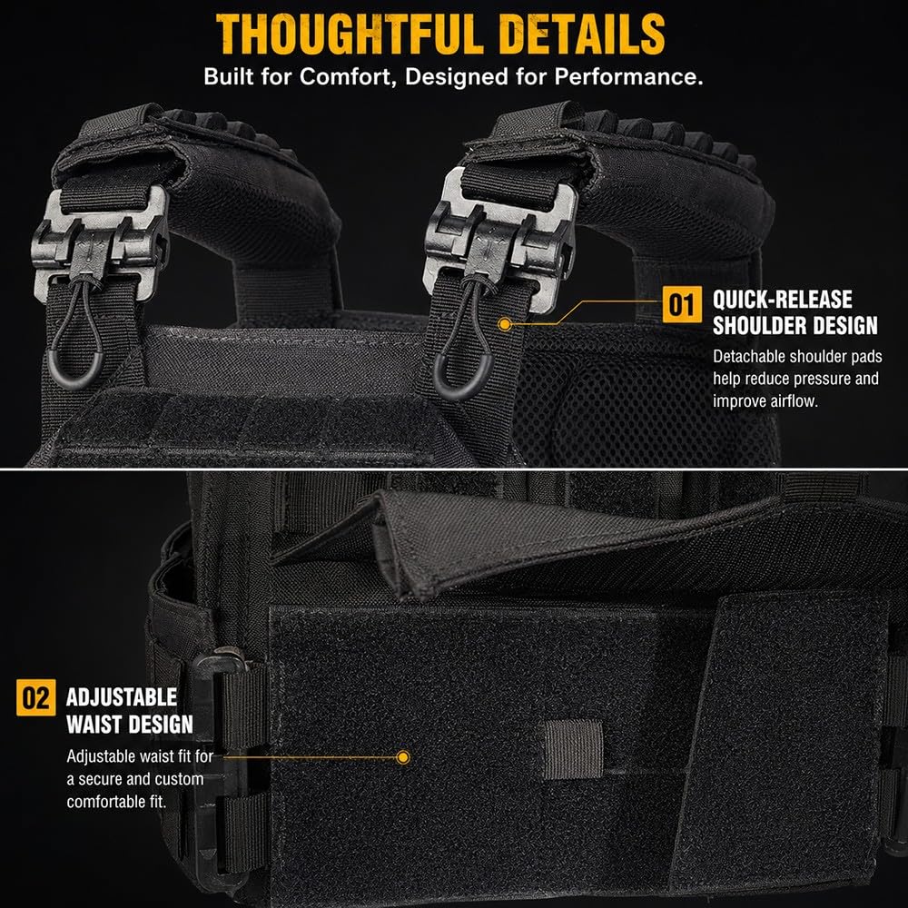 Chaleco Táctico Hombre Mujer Sistema MOLLE,Chaleco Portaplacas Liberación Rápida Ajustable Transpirable Nylon 1000D Airsoft Paintball Senderismo Caza Actividades Outdoor